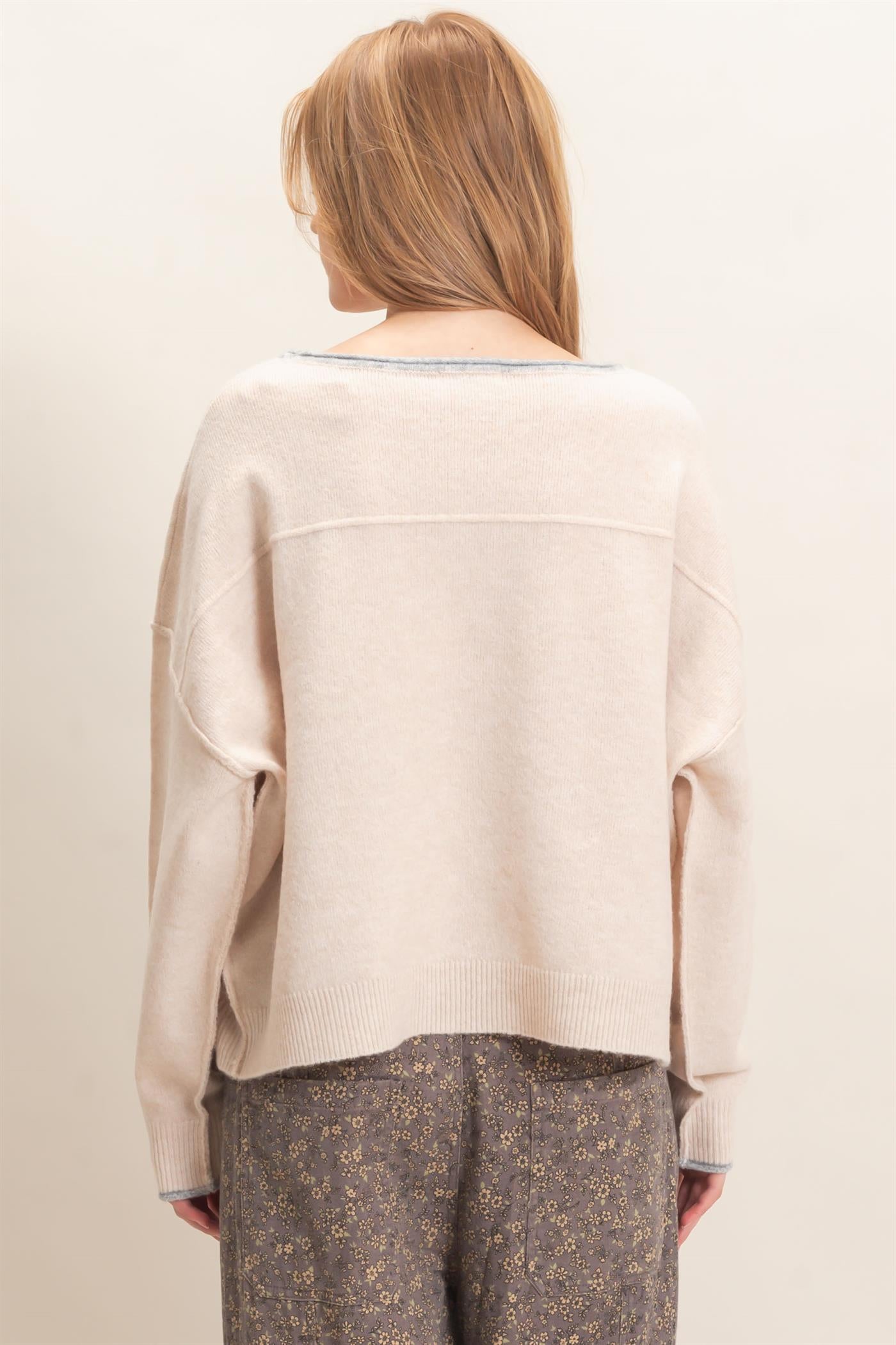 Wholesale Relaxed Wide Neck Knit Sweater Sweaters HF26E066-D ALMOND HYFVE