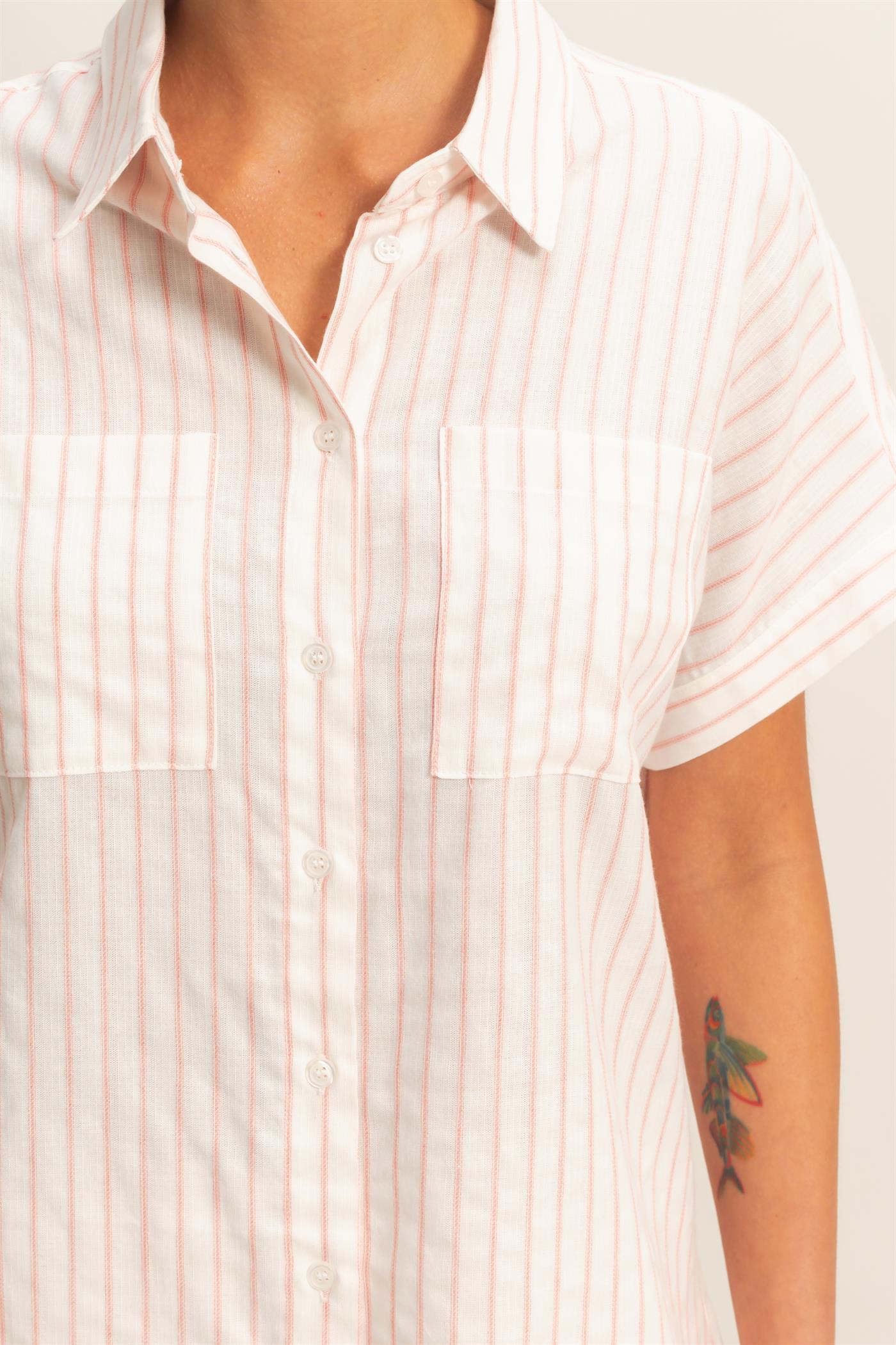 Wholesale Striped Button-Up Dolman Sleeve Shirt Shirts DZ26A207 PINK DOUBLE ZERO