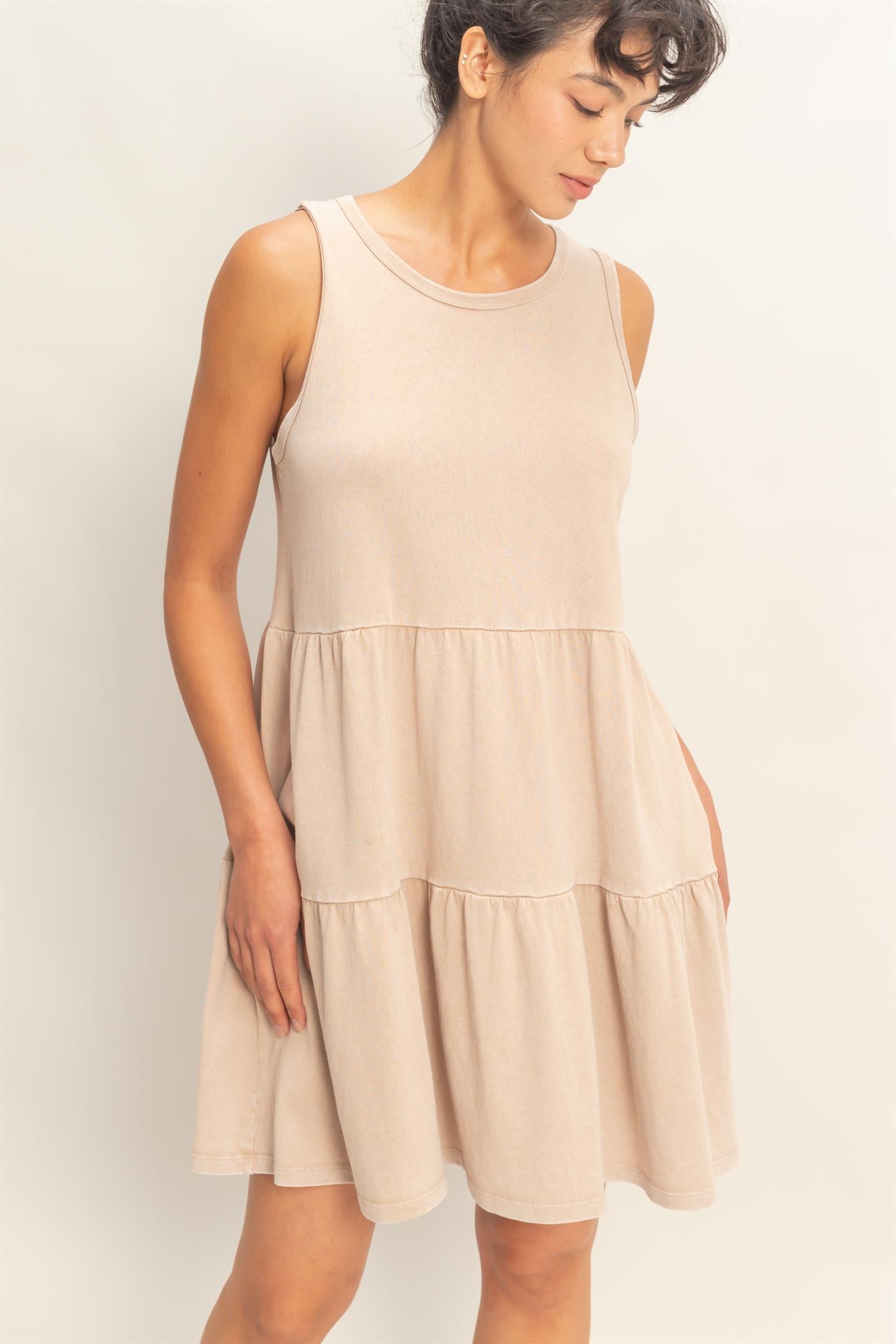 Wholesale Sleeveless Crewneck Tiered Mini Dress Dresses DZ26C208 DARK TAUPE DOUBLE ZERO