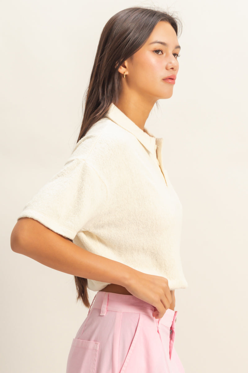 Wholesale Collared Short Sleeve Crop Top Clothing Tops DZ22A477 FRENCH VANILLA DOUBLE ZERO
