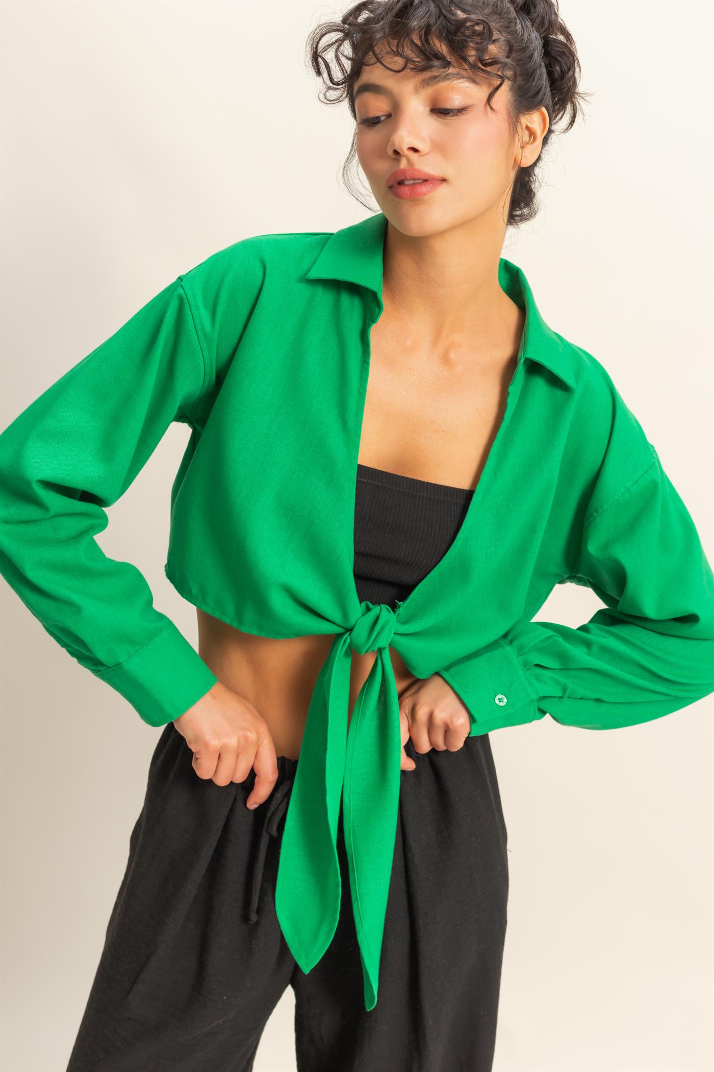 Wholesale Sand Washed Tie Front Crop Top Blouses DZ24C963 GREEN DOUBLE ZERO