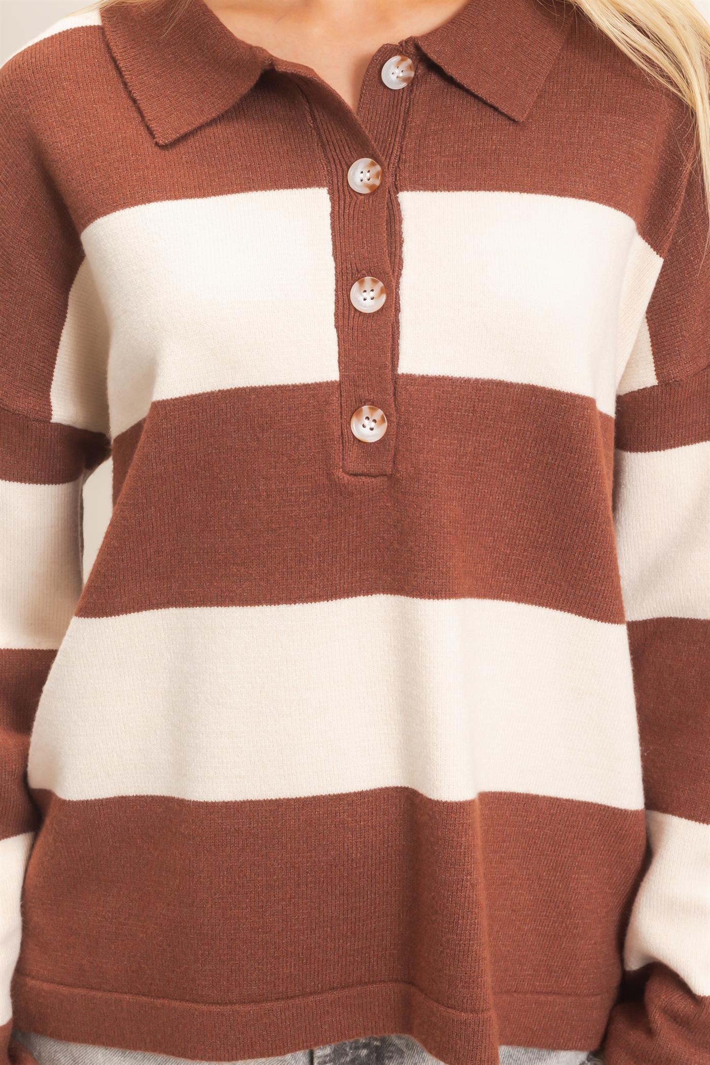 Wholesale Striped Button-Up Sweater Sweaters HF26F198 BROWN HYFVE