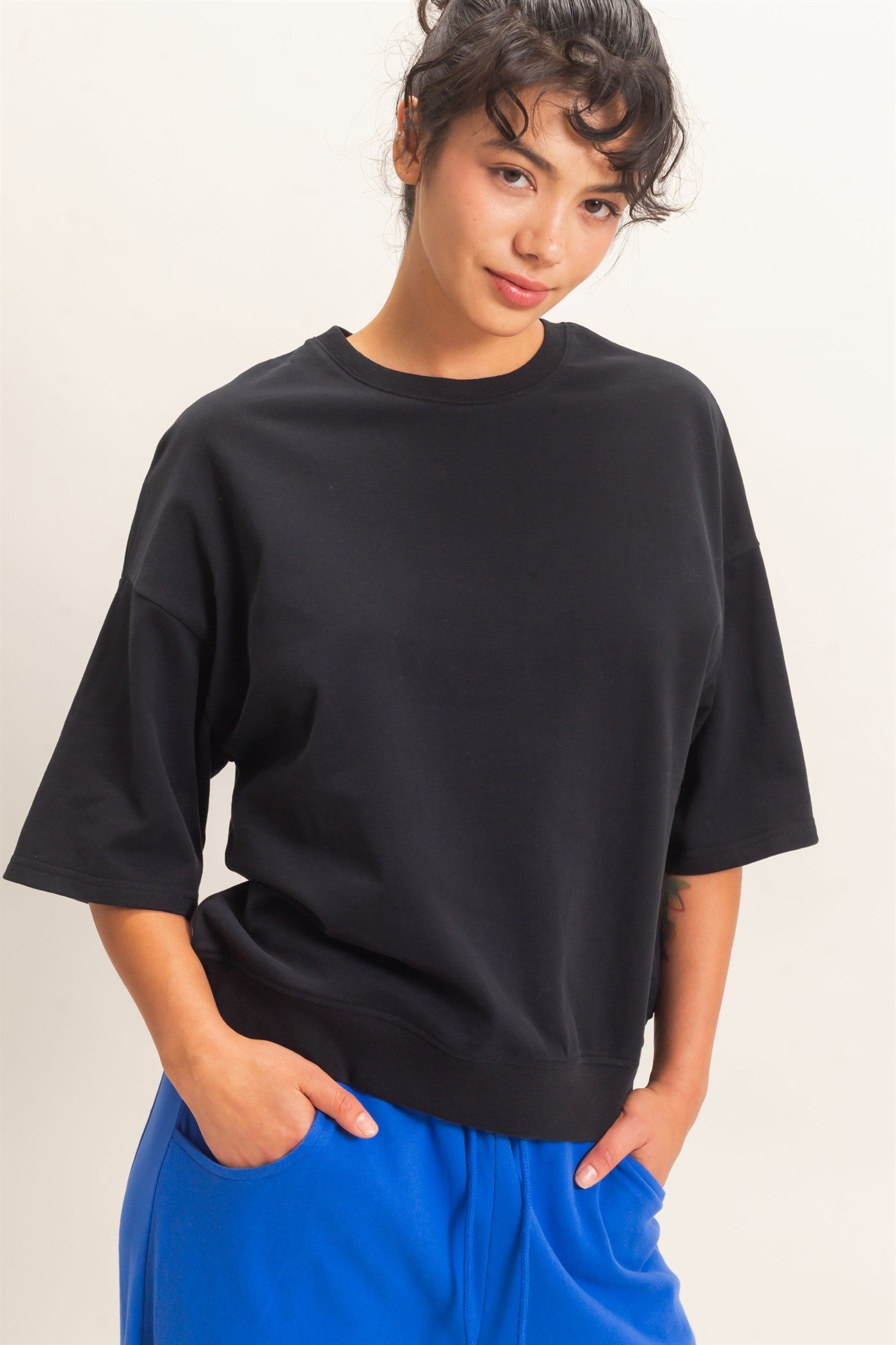 Wholesale Washed Crew Neck Short Sleeve Top Clothing Tops DZ26E381 BLACK DOUBLE ZERO