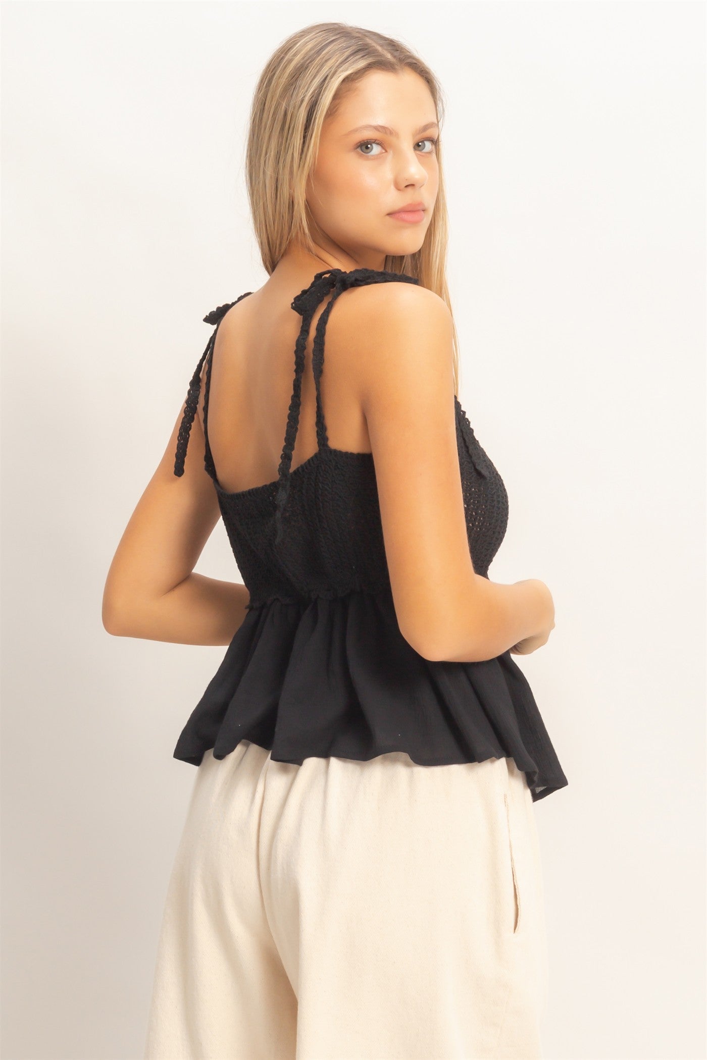 Wholesale Crochet Tie-Strap Peplum Top Clothing HF26A872 BLACK HYFVE