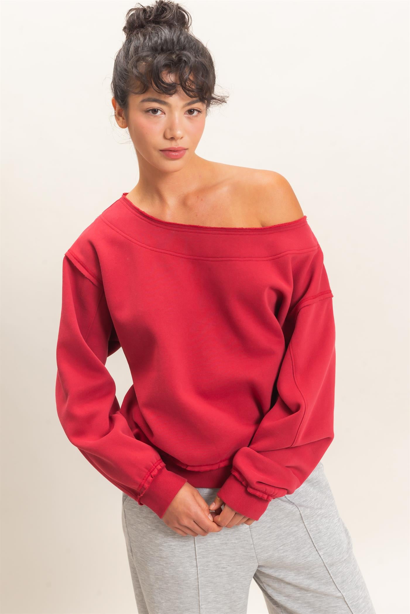 Wholesale Off Shoulder Sweatshirt Sweatshirts DZ26C880 DARK RED DOUBLE ZERO
