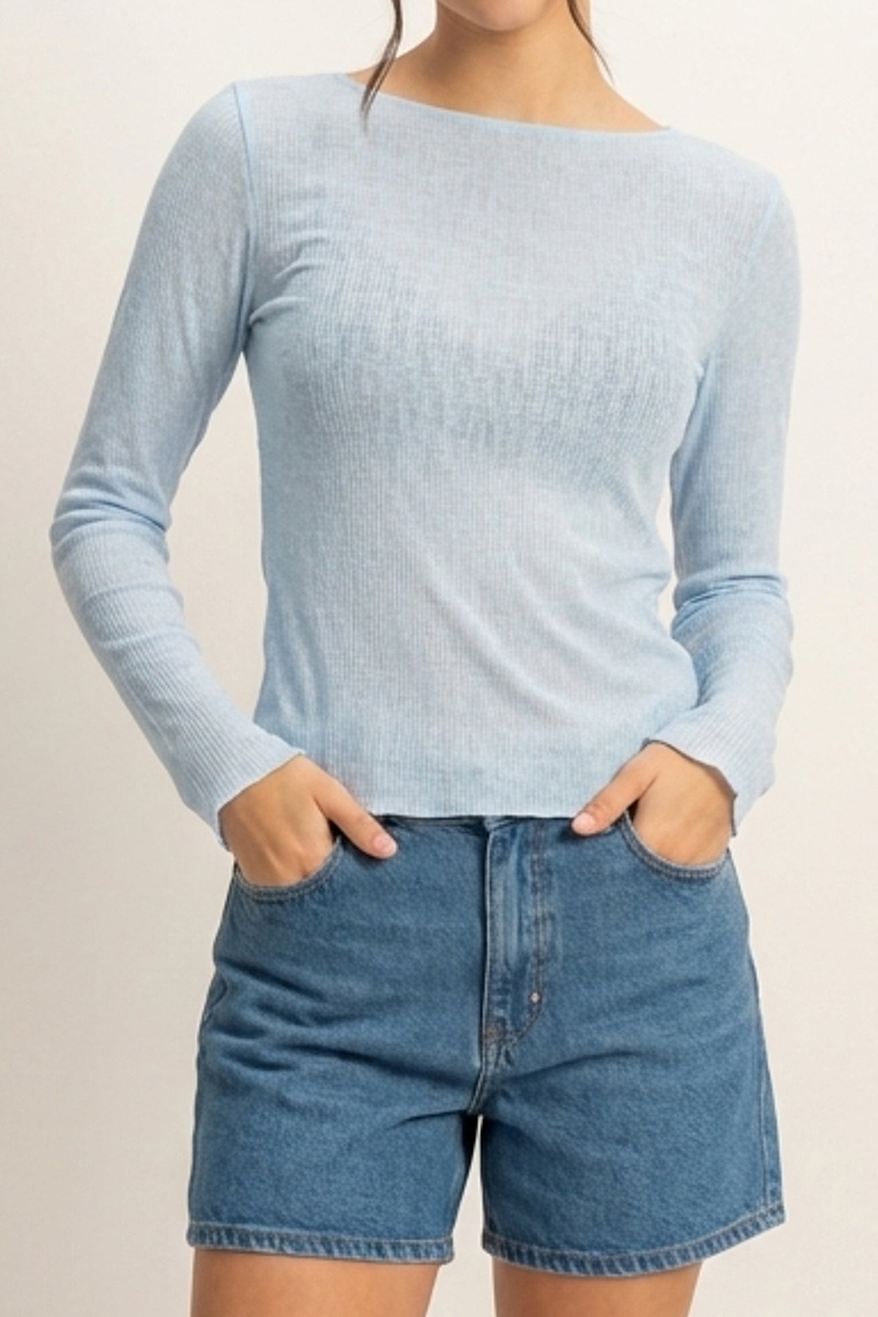 Wholesale Ribbed Long Sleeve Top Clothing Tops DZ24C196 BABY BLUE DOUBLE ZERO