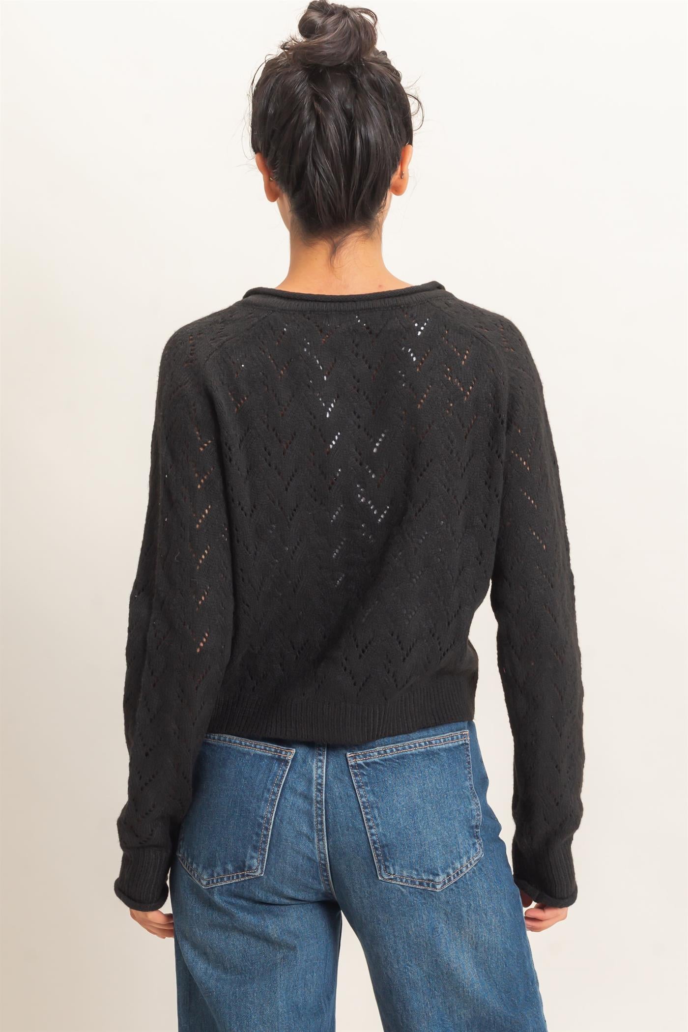 Wholesale Pointelle Knit Button Front Cardigan Cardigans DZ26C978 BLACK DOUBLE ZERO