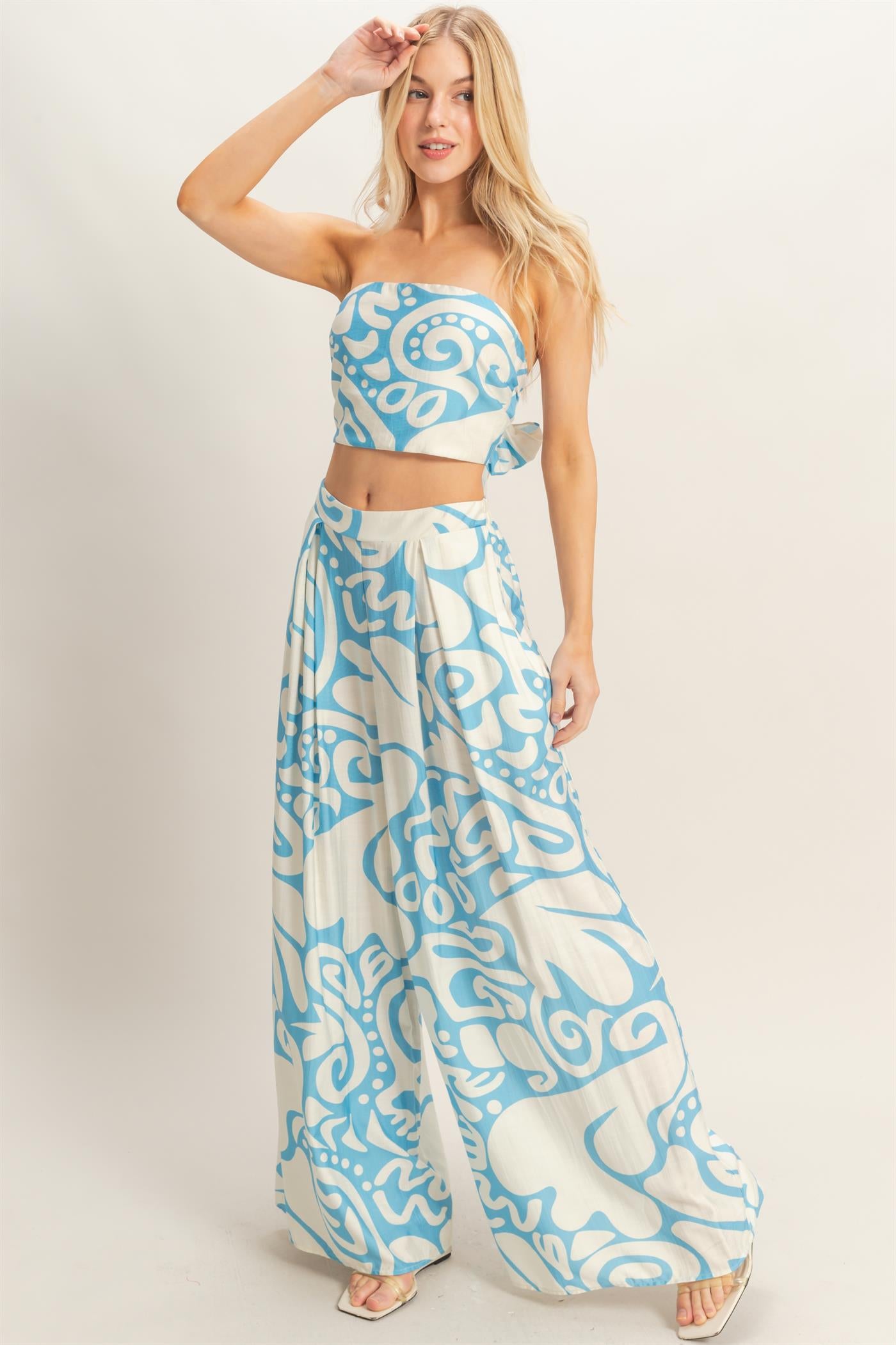 Wholesale Strapless Top & Wide Leg Pants Set Clothing HF26A344-SET-D BLUE HYFVE