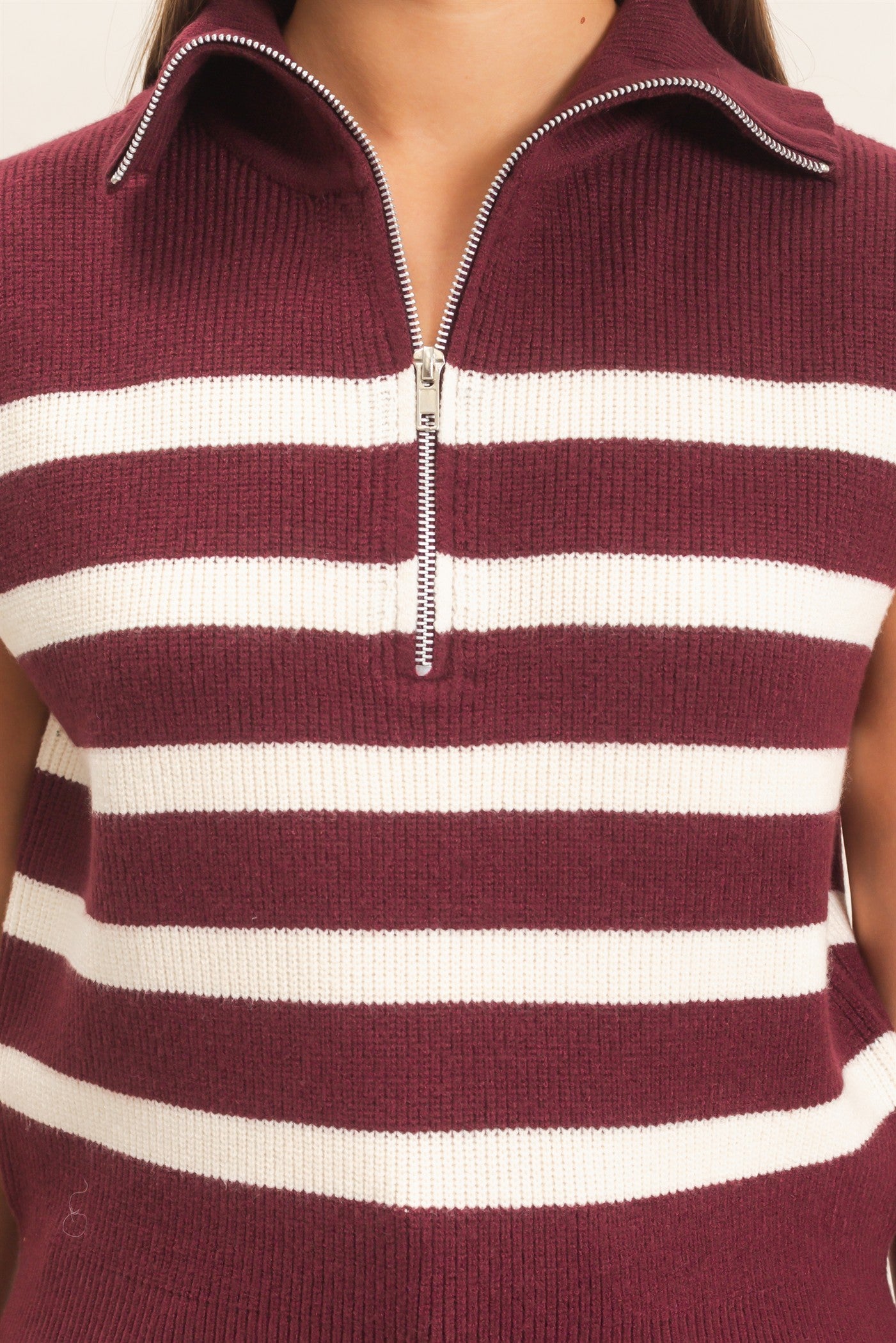 Wholesale Half-Zip Sleeveless Stripe Sweater Sweaters DZ26E951 DARK CHERRY DOUBLE ZERO