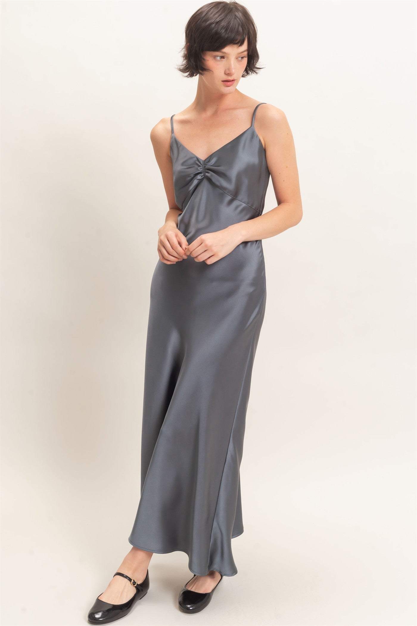 Wholesale Satin Slip Dress With Spaghetti Straps Dresses DZ26E380 DARK GRAY DOUBLE ZERO