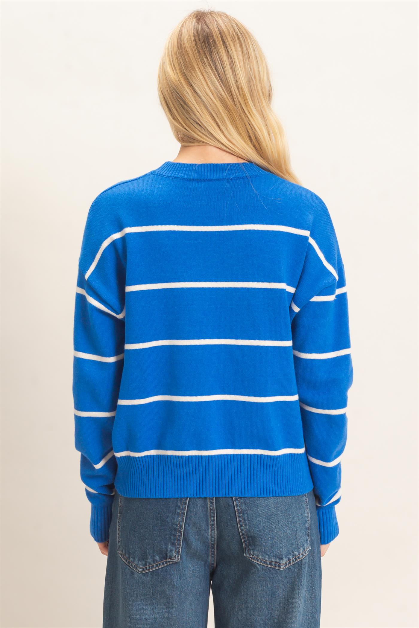 Wholesale Striped Ribbed Crew Neck Sweater Sweaters HF26F169 BLUE HYFVE