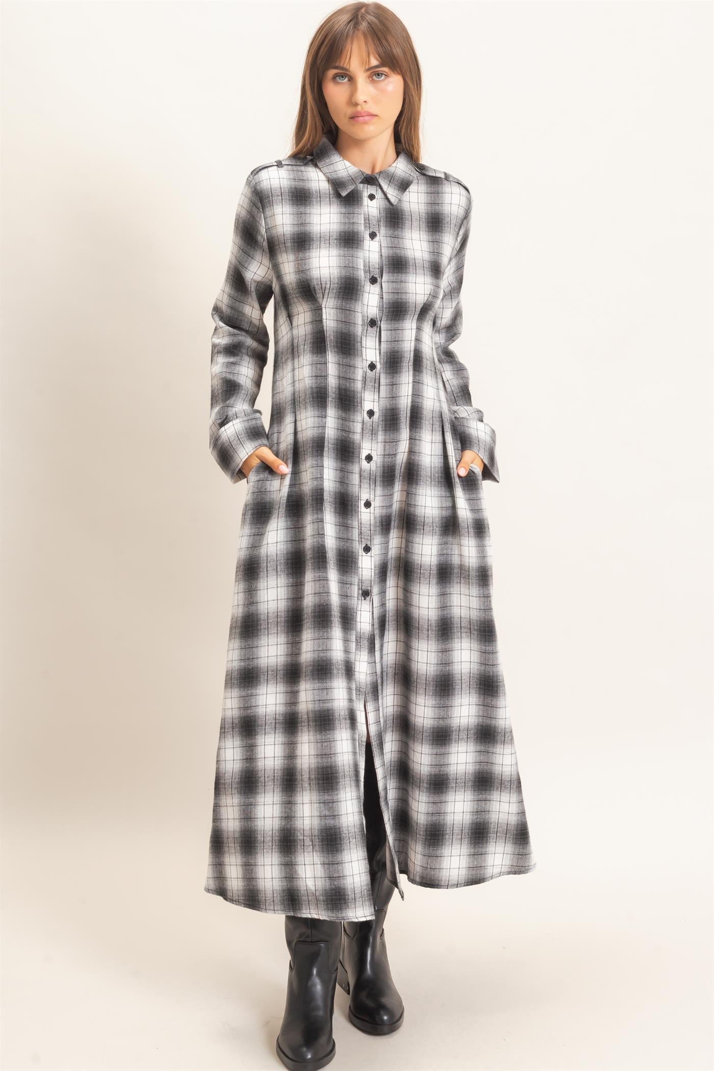 Wholesale Plaid Button-Down Maxi Dress Dresses HF26E999 BLACK HYFVE