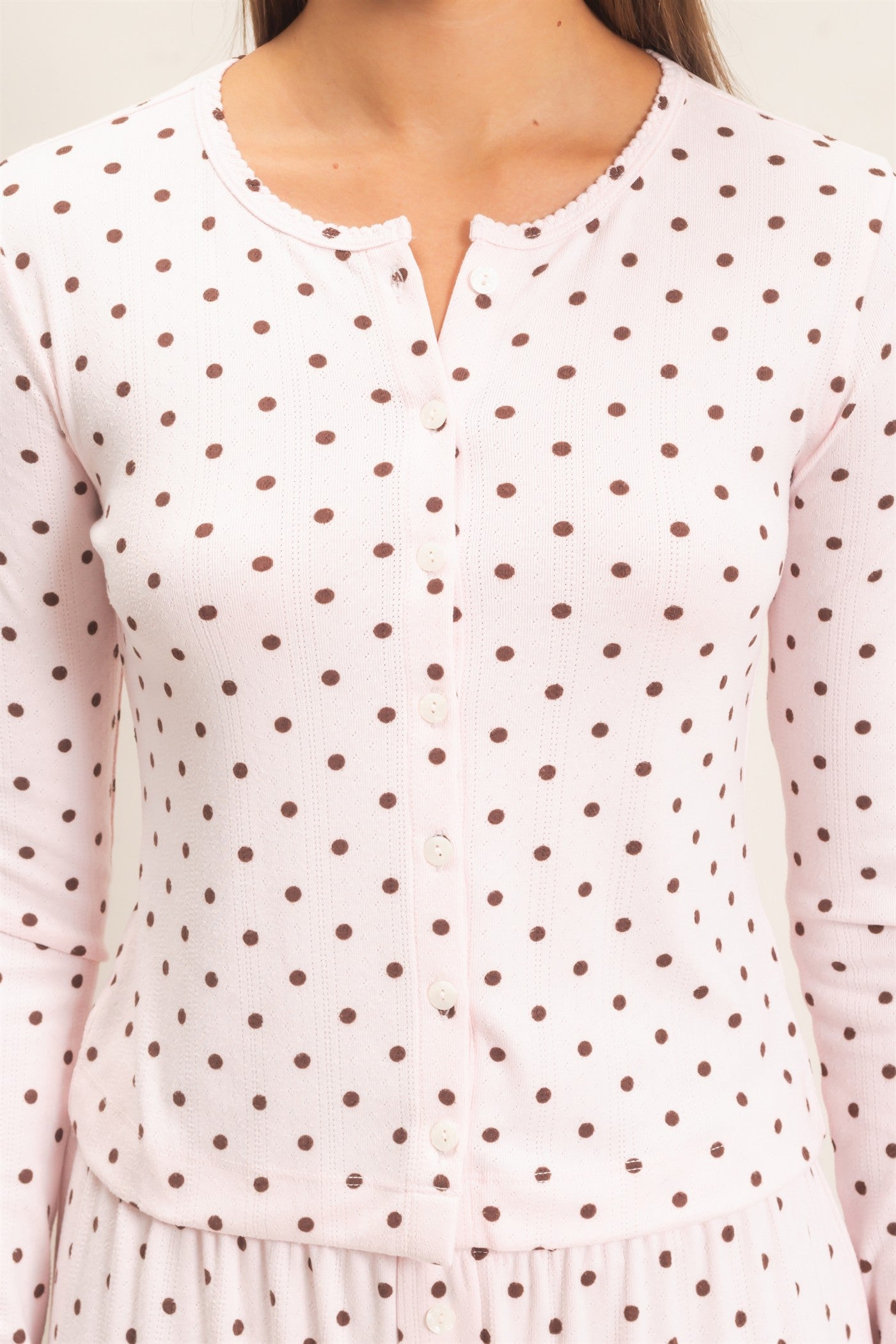 Wholesale Polka Dot Button Front Long Sleeve Top Clothing Tops DZ27A156 LIGHT PINK DOUBLE ZERO
