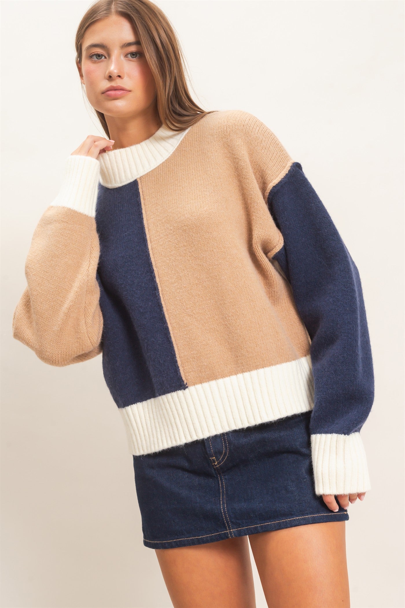 Wholesale Color Block Mock Neck Sweater Sweaters DZ27A211 NAVY DOUBLE ZERO