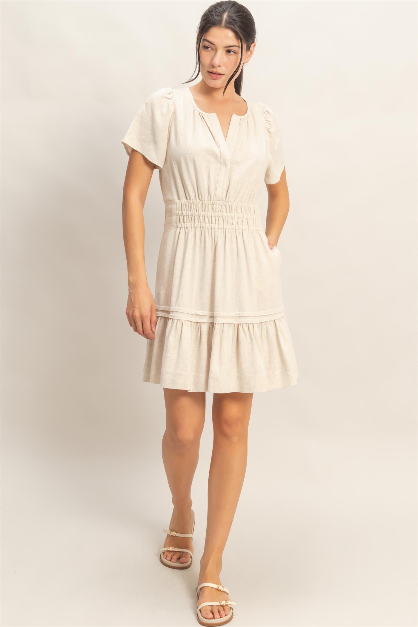 Wholesale Short Sleeve Tuck Skirt Dress Dresses HF26A194 OATMEAL HYFVE