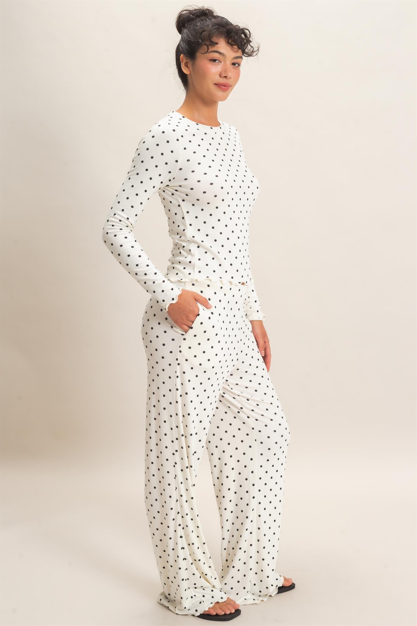 Wholesale Polka Dot Long Sleeve Top & Pants Set Clothing DZ26E914-SET CREAM DOUBLE ZERO