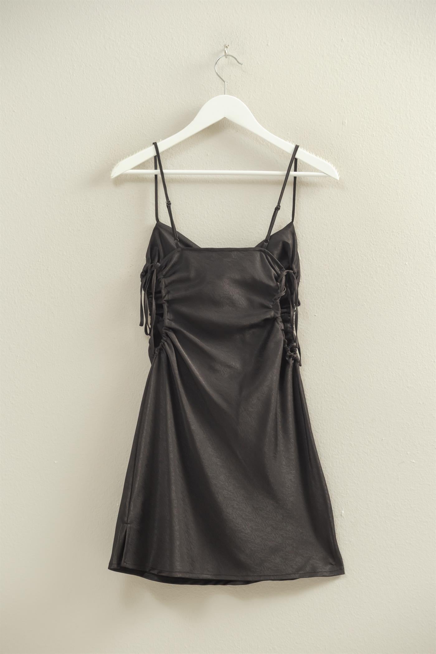 Wholesale Satin Ruched Side Cutout Mini Dress Dresses FS22A672 BLACK HYFVE