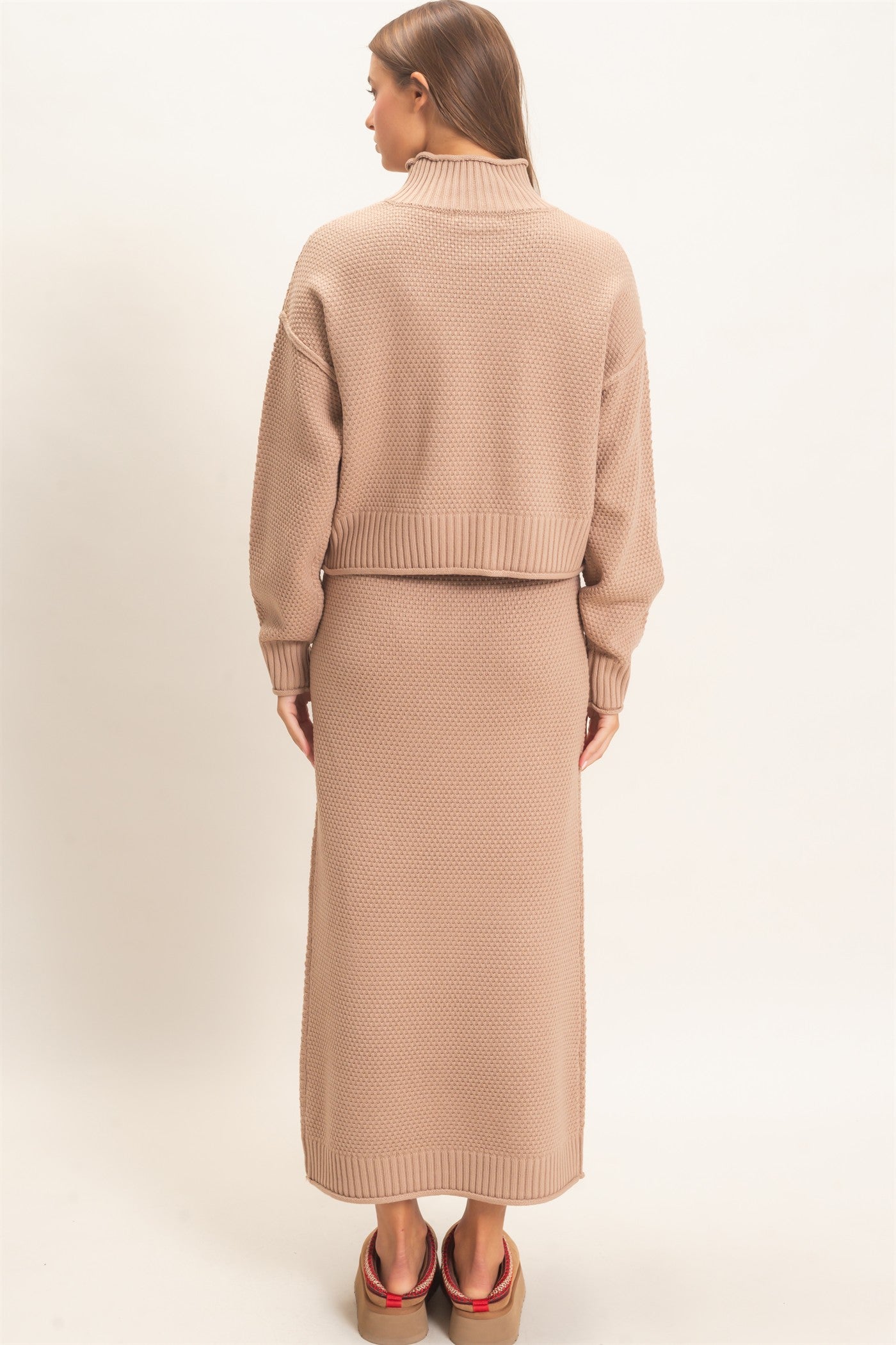 Wholesale High Neck Long Sleeve Top & Maxi Skirt Set Clothing DZ26E272-SET DARK TAUPE DOUBLE ZERO