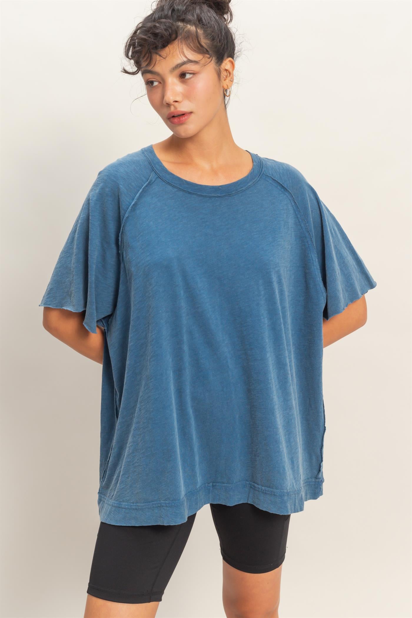 Wholesale Acid Washed Oversized Raw Edges Raglan Tee T-Shirts DZ26A333 NAVY DOUBLE ZERO