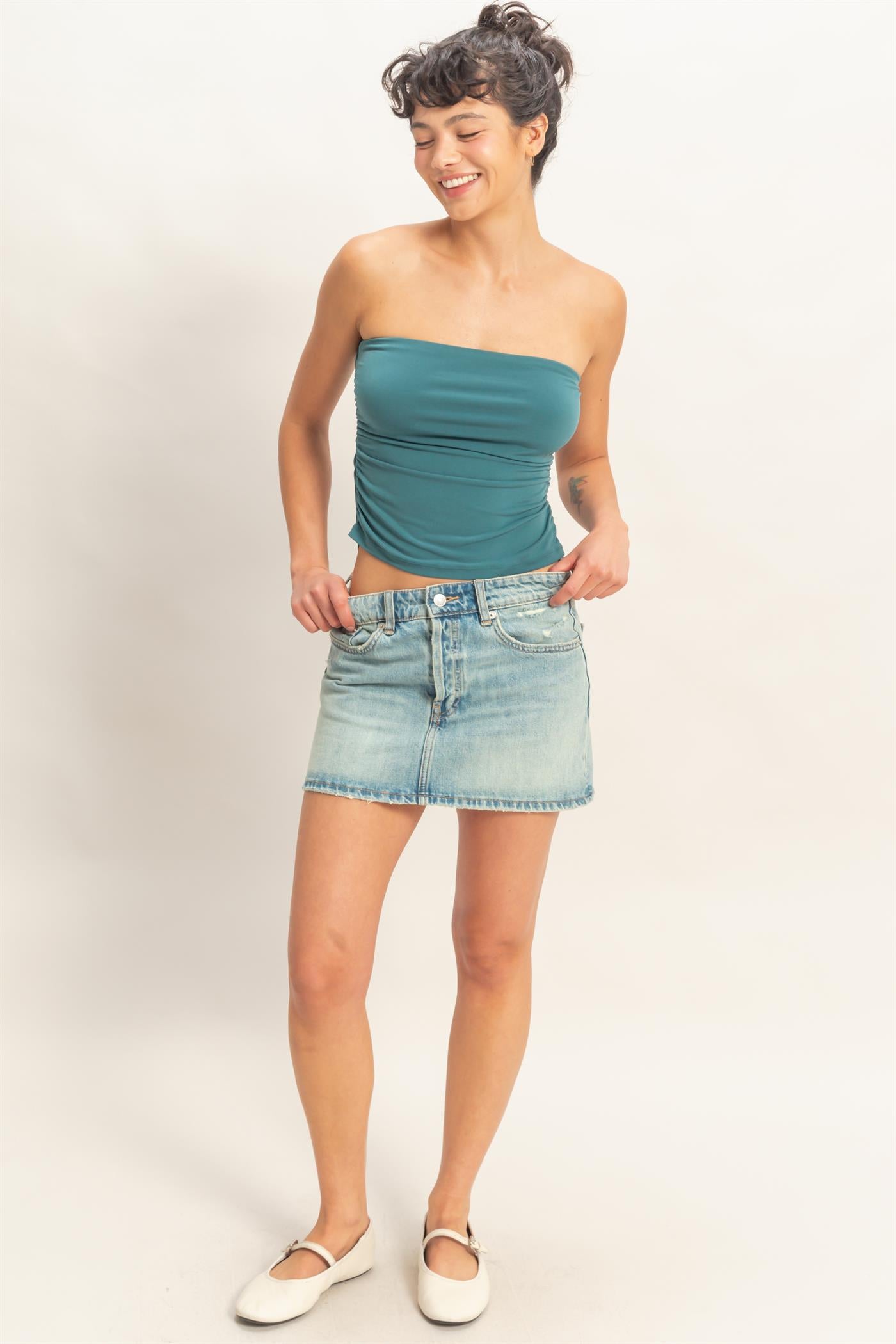 Wholesale Ruched Bandeau Top Clothing Tops DZ26C334 DARK TEAL DOUBLE ZERO