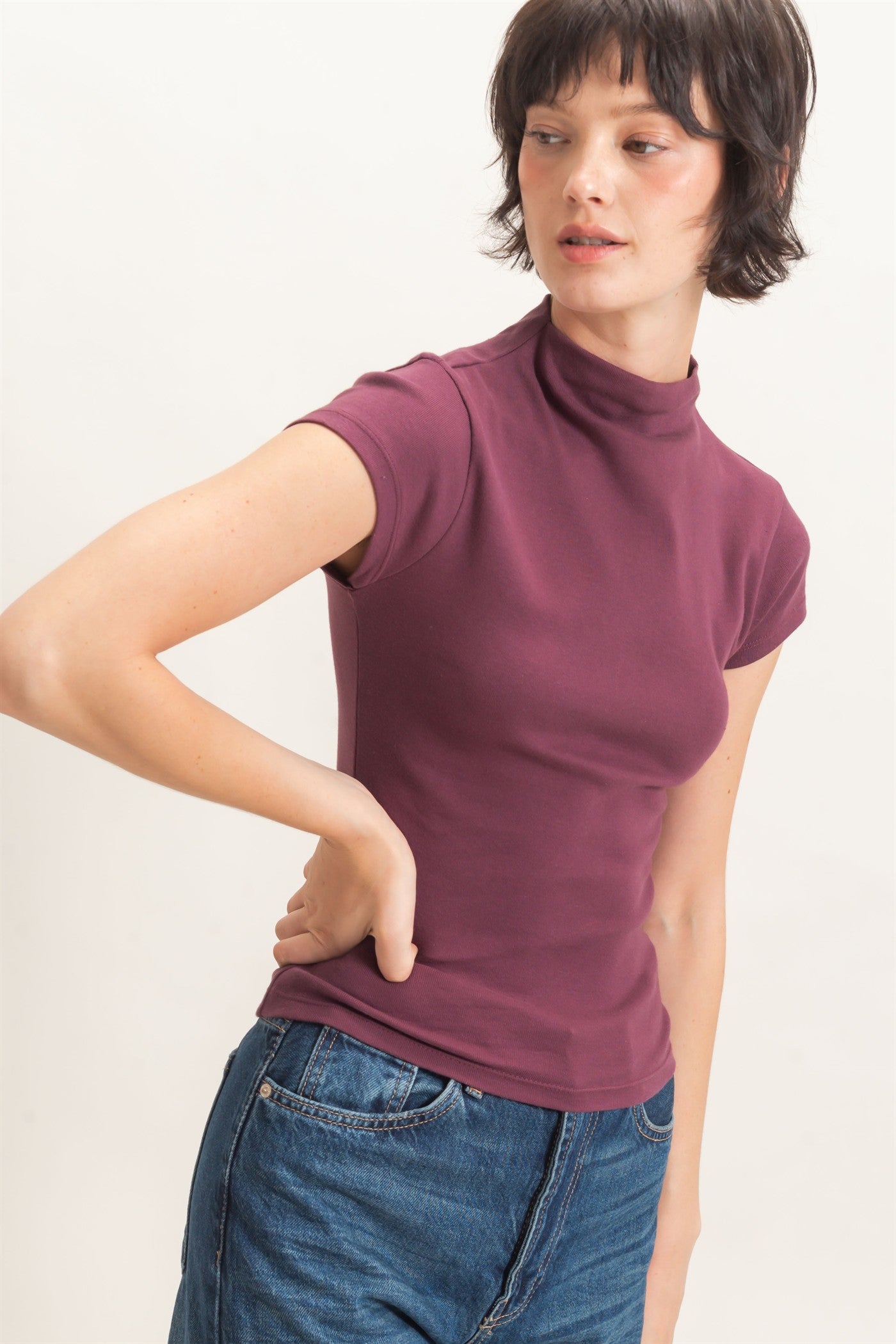 Wholesale Mock Neck Cap Sleeve Top Clothing Tops DZ26E323 DARK CHERRY DOUBLE ZERO