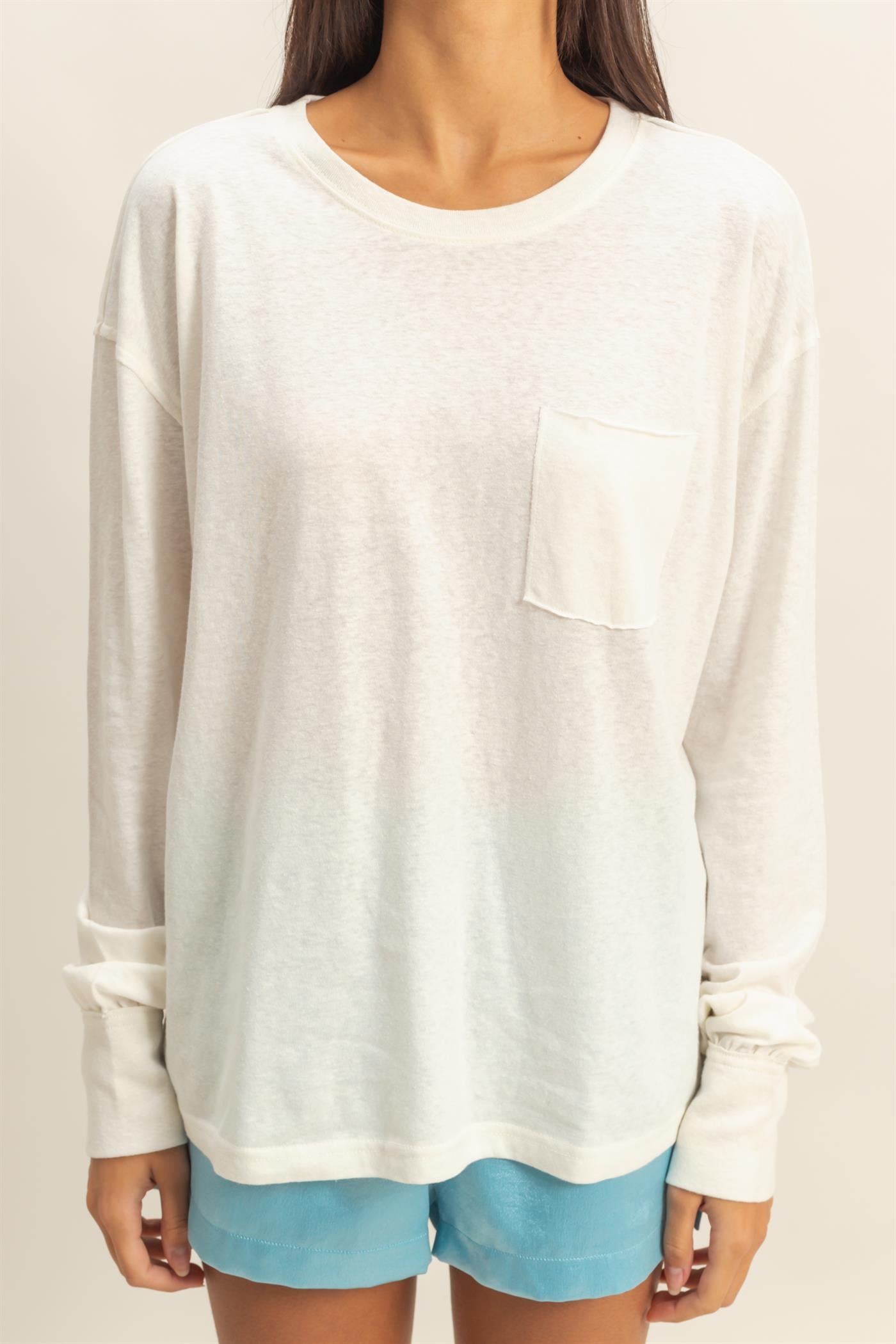 Wholesale Long Sleeve Pocket T-Shirt Clothing Tops DZ23G149 CREAM DOUBLE ZERO