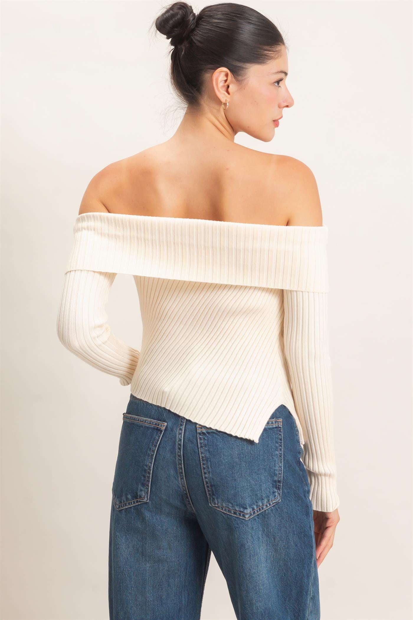 Wholesale Ribbed Off-Shoulder Sweater Sweaters HF26E937 CREAM HYFVE