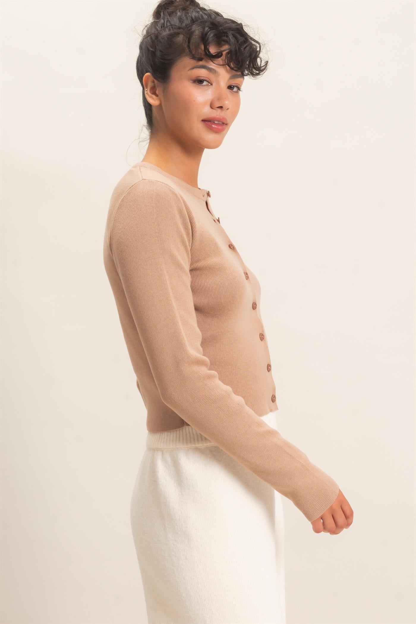 Wholesale Ribbed Crew Neck Cardigan Cardigans DZ27A153 DARK TAUPE DOUBLE ZERO