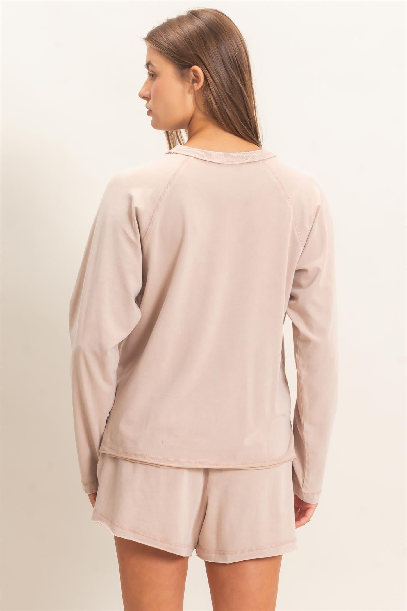 Wholesale Mineral Wash Long Sleeve Raw Edge Top & Shorts Set Clothing DZ26F403-SET DARK TAUPE DOUBLE ZERO