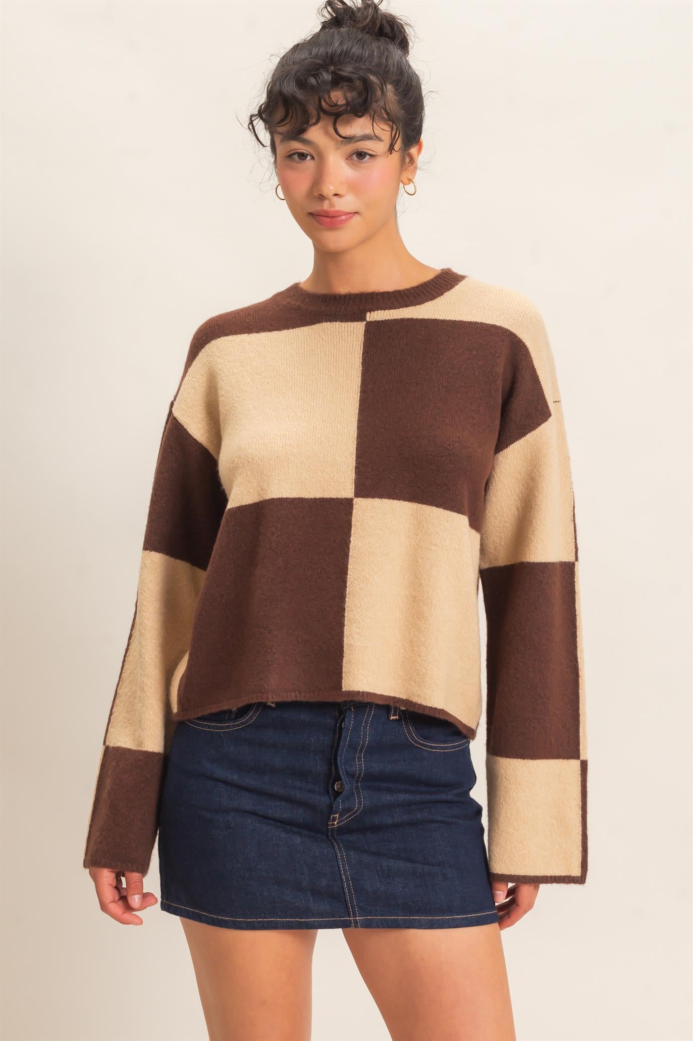 Wholesale Crew Neck Checkered Sweater Sweaters DZ26C980 DARK BROWN DOUBLE ZERO