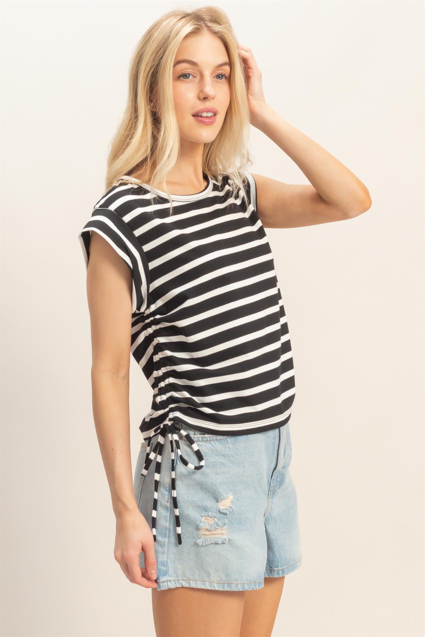 Wholesale Striped Sleeveless Tie-Side Top Clothing Tops HF26A500 BLACK HYFVE