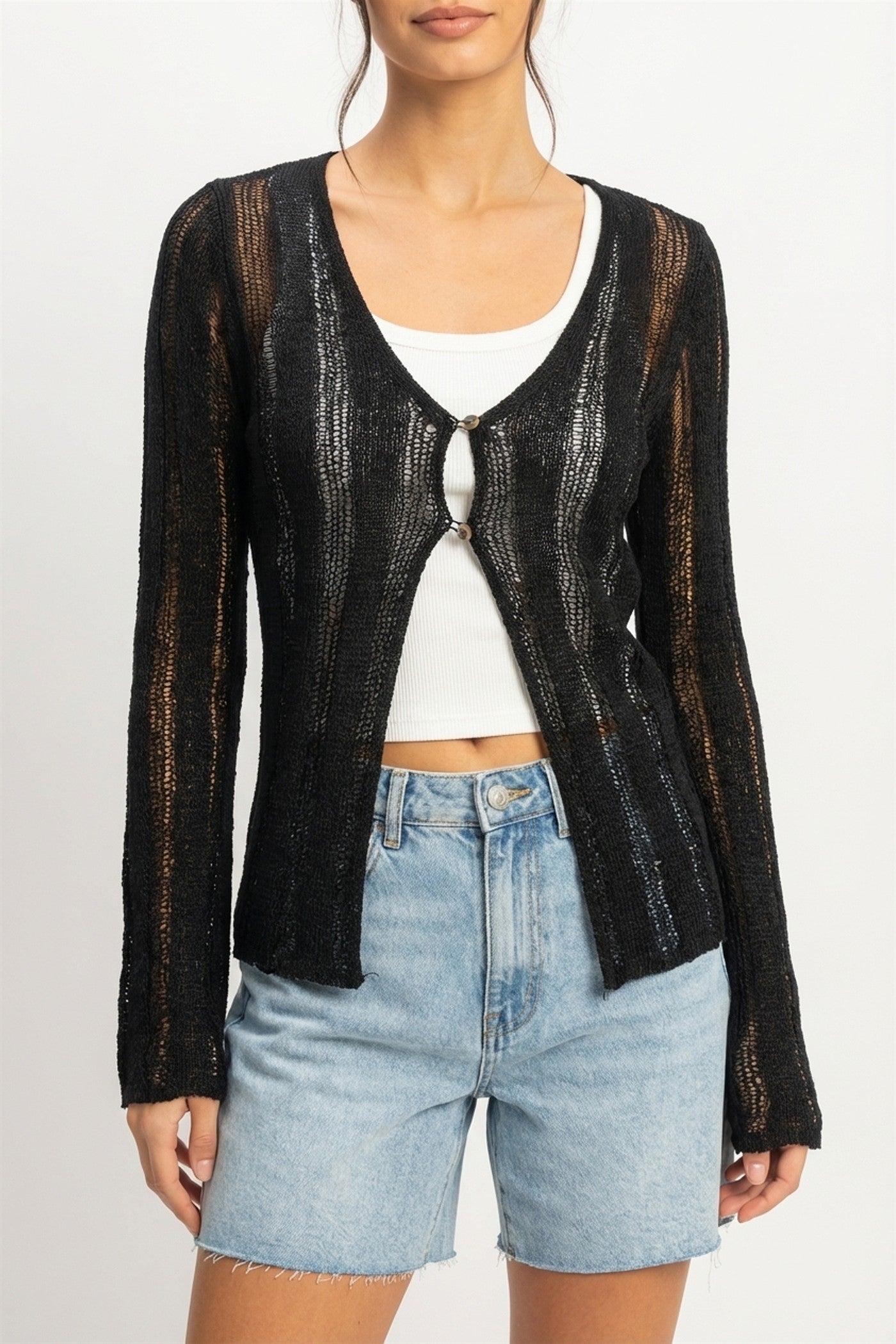 Wholesale Open Knit Cardigan Clothing Tops DZ24A501 BLACK DOUBLE ZERO