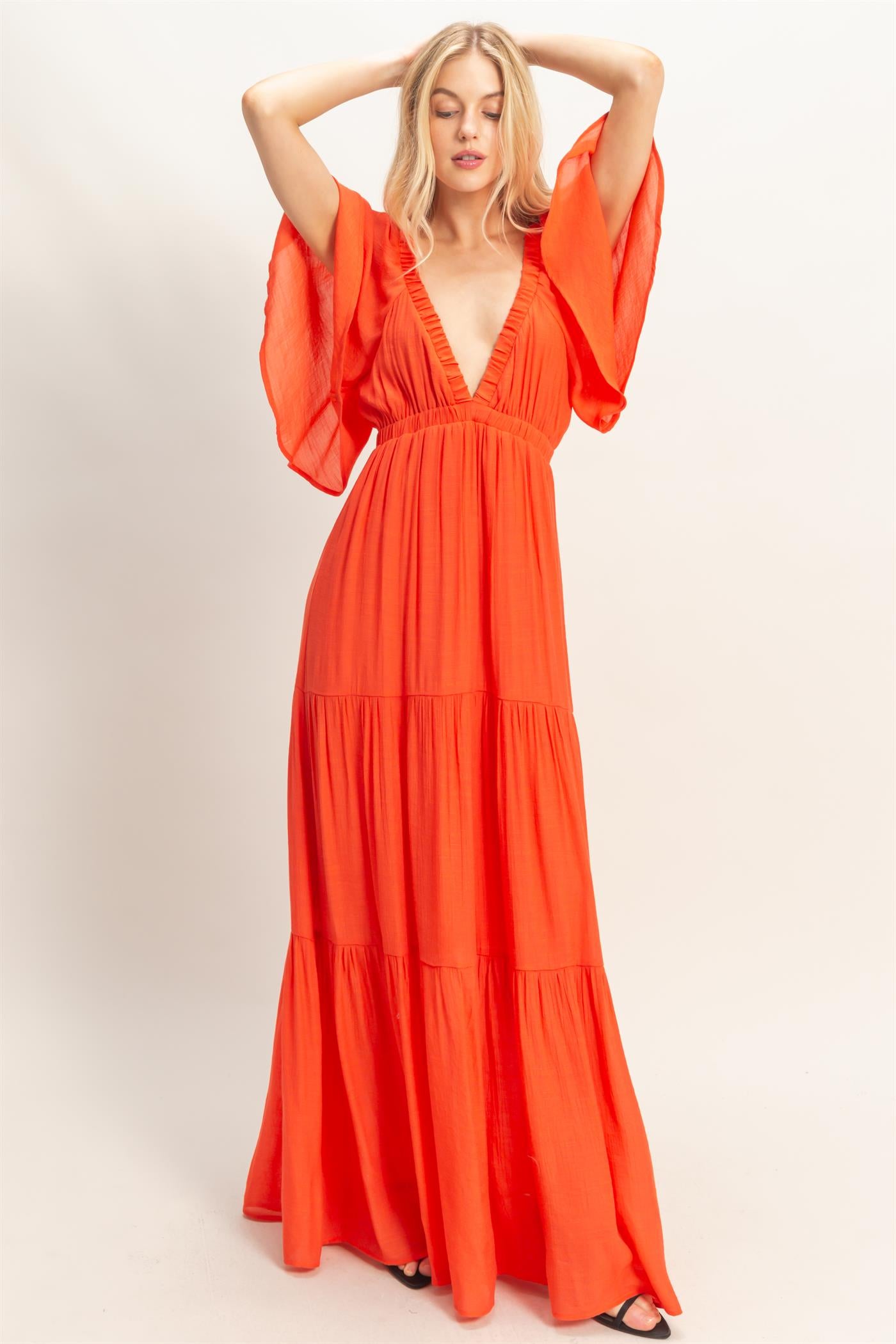 Wholesale Flutter Sleeve Maxi Dress Dresses HF26C285-D ORANGE RED HYFVE