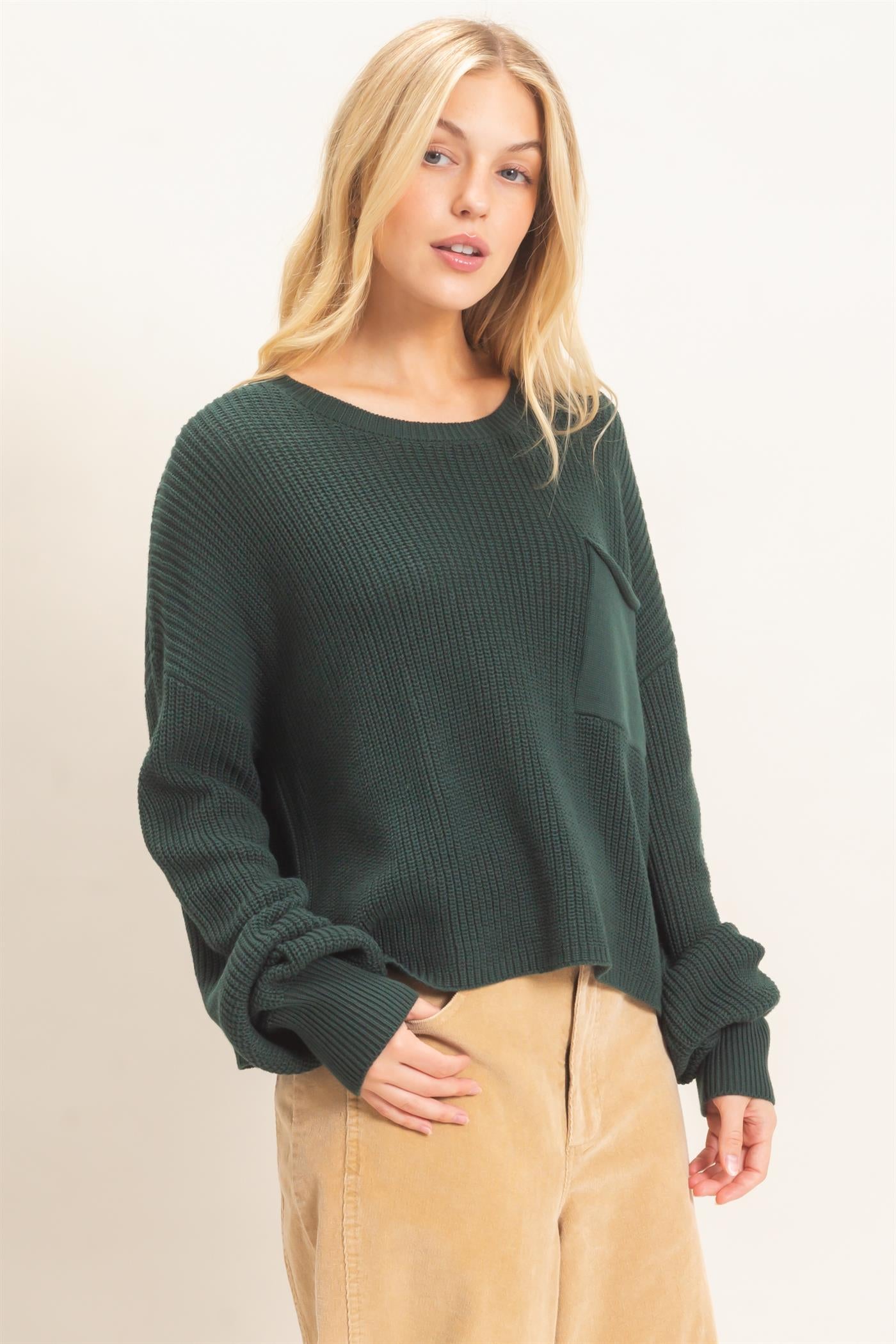 Wholesale Ribbed Drop Shoulder Sweater Sweaters HF26F181 D.GREEN HYFVE