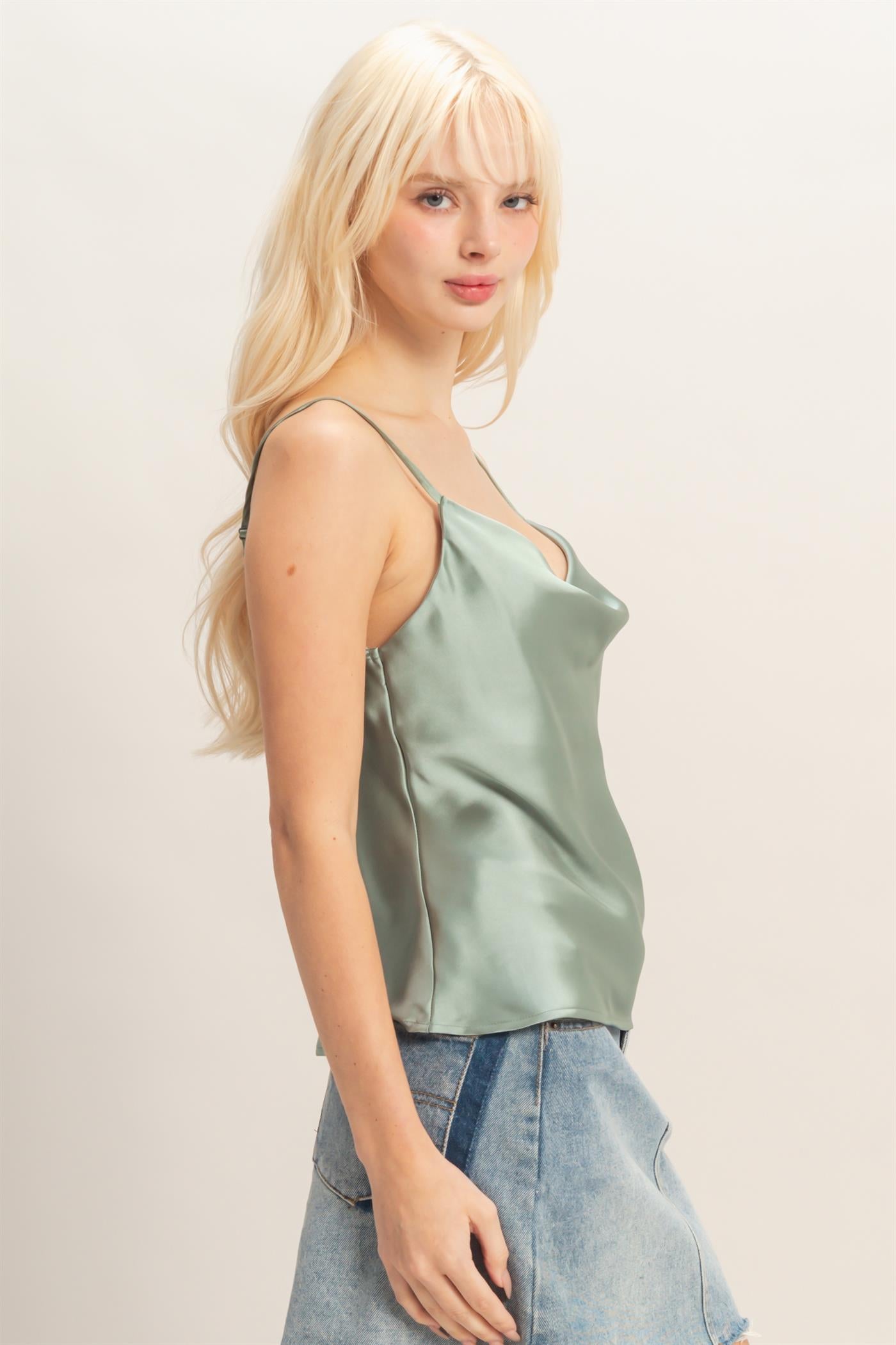 Wholesale Cowl Neck Satin Cami Top Clothing Tops DZ26A277 SAGE GREEN DOUBLE ZERO