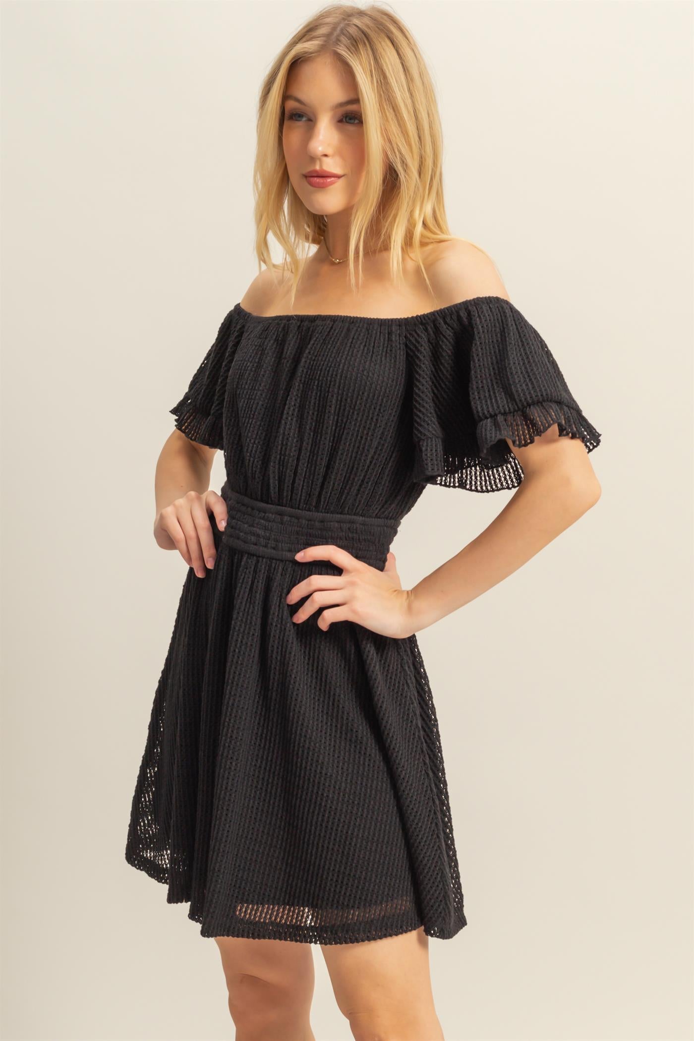 Wholesale Crochet Off-The-Shoulder Mini Dress Dresses HF25E125 BLACK HYFVE