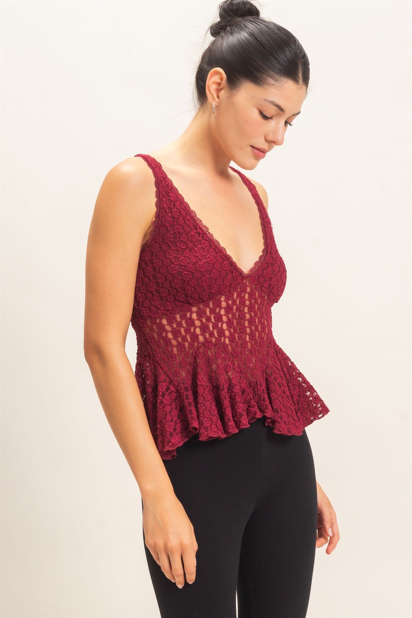 Wholesale Lace V-Neck Peplum Top Clothing Tops HF26E088 BURGUNDY HYFVE