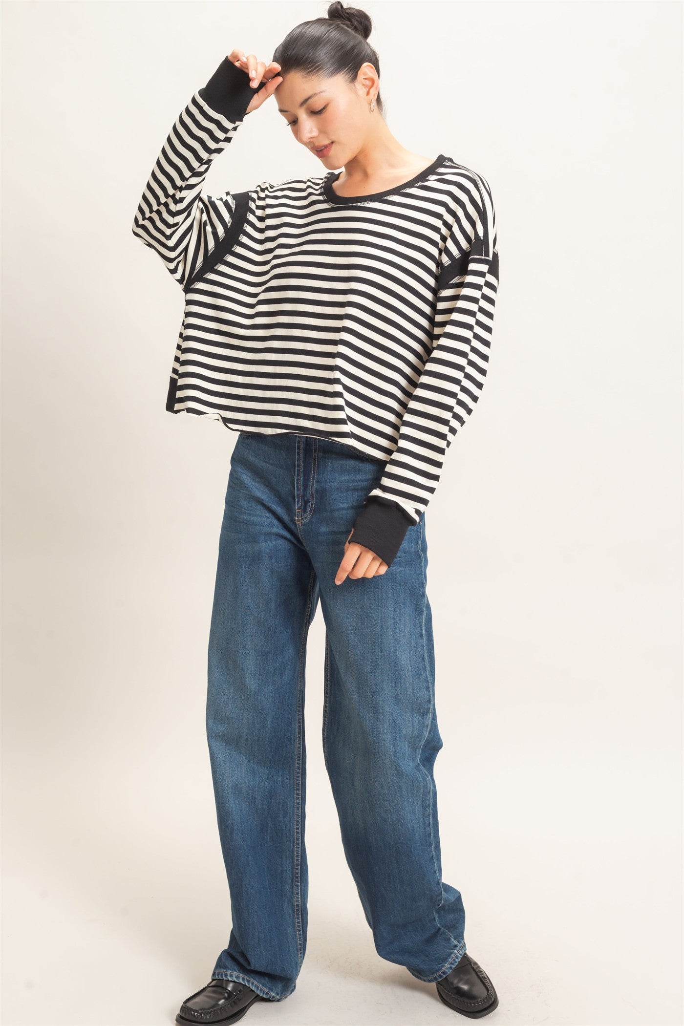 Wholesale Striped Long Sleeve Top Clothing Tops HF26C908-D BLACK HYFVE
