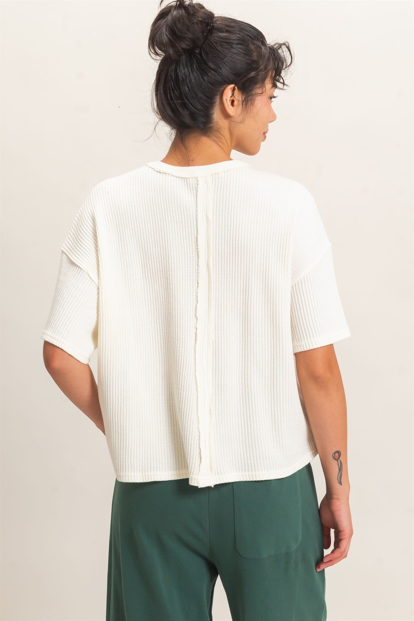 Wholesale Mineral Wash Waffle Knit Pocket Top Clothing Tops DZ26E222 CREAM DOUBLE ZERO