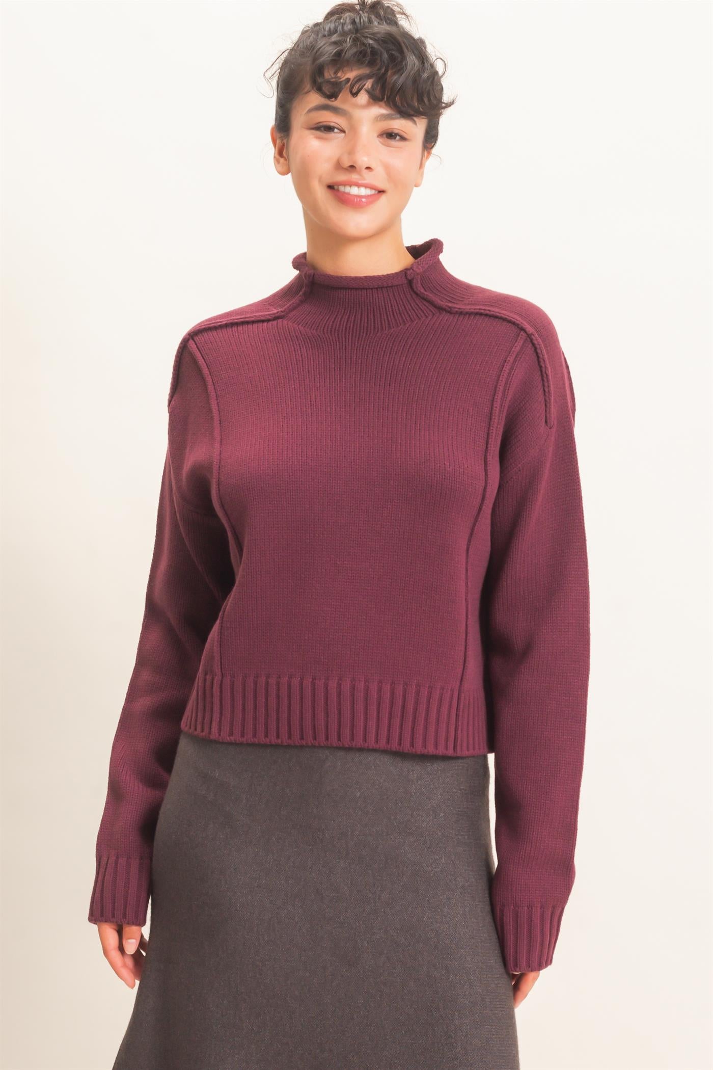Wholesale Roll Neck Sweater With Reversed Seam Sweaters DZ26E271 DARK CHERRY DOUBLE ZERO