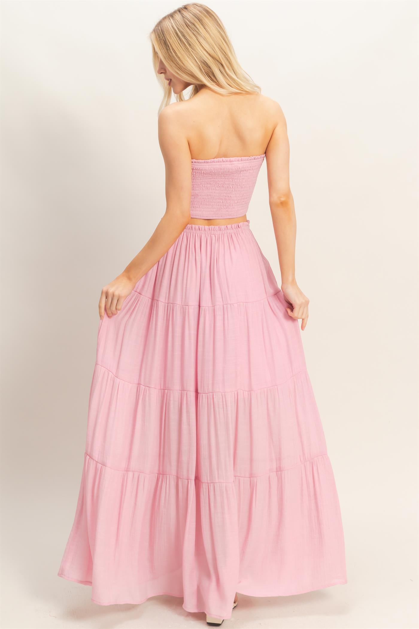 Wholesale Smocked Tube Top & Tiered Skirt Set Clothing HF26C289-SET-D PINK HYFVE