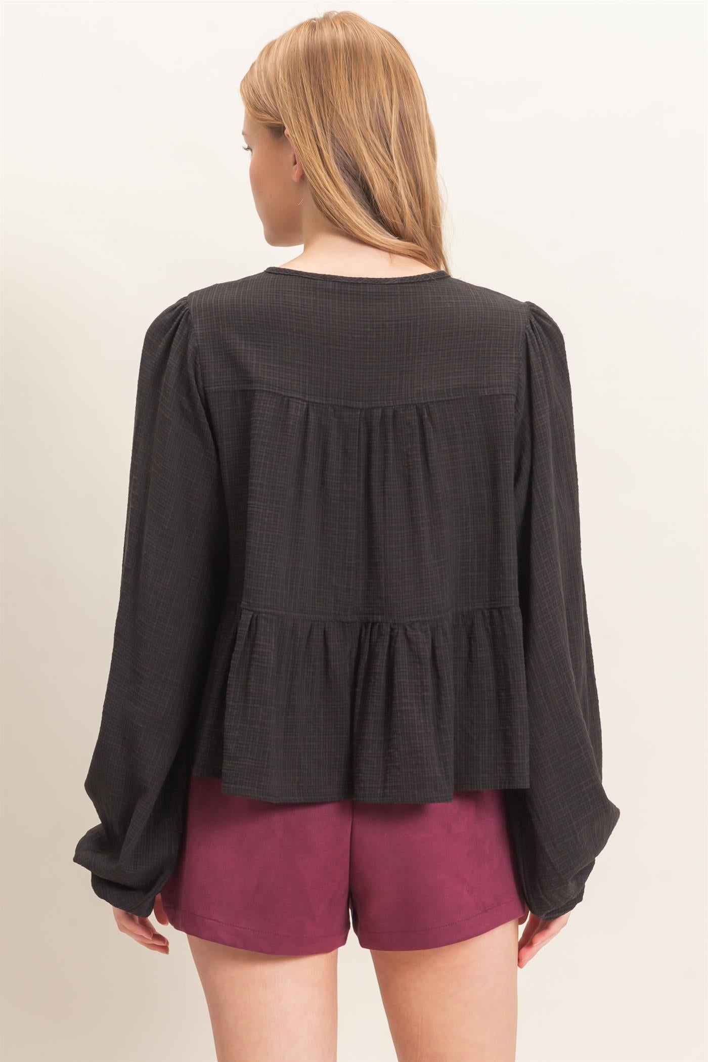 Wholesale Tie Front Peplum Blouse Blouses HF26F065 BLACK HYFVE