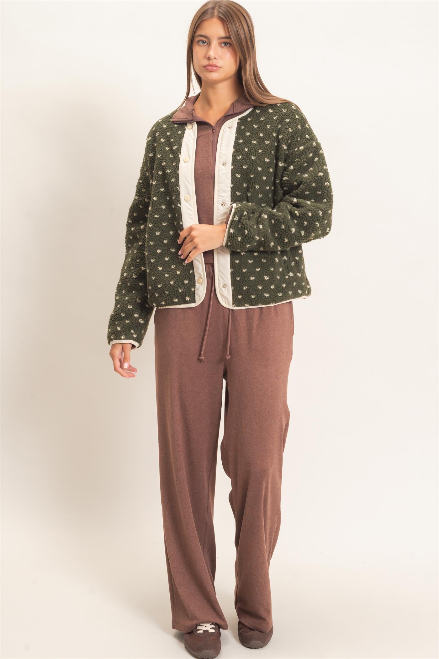 Wholesale Polka Dot Sherpa Jacket Coats & Jackets DZ26F160 DARK OLIVE DOUBLE ZERO