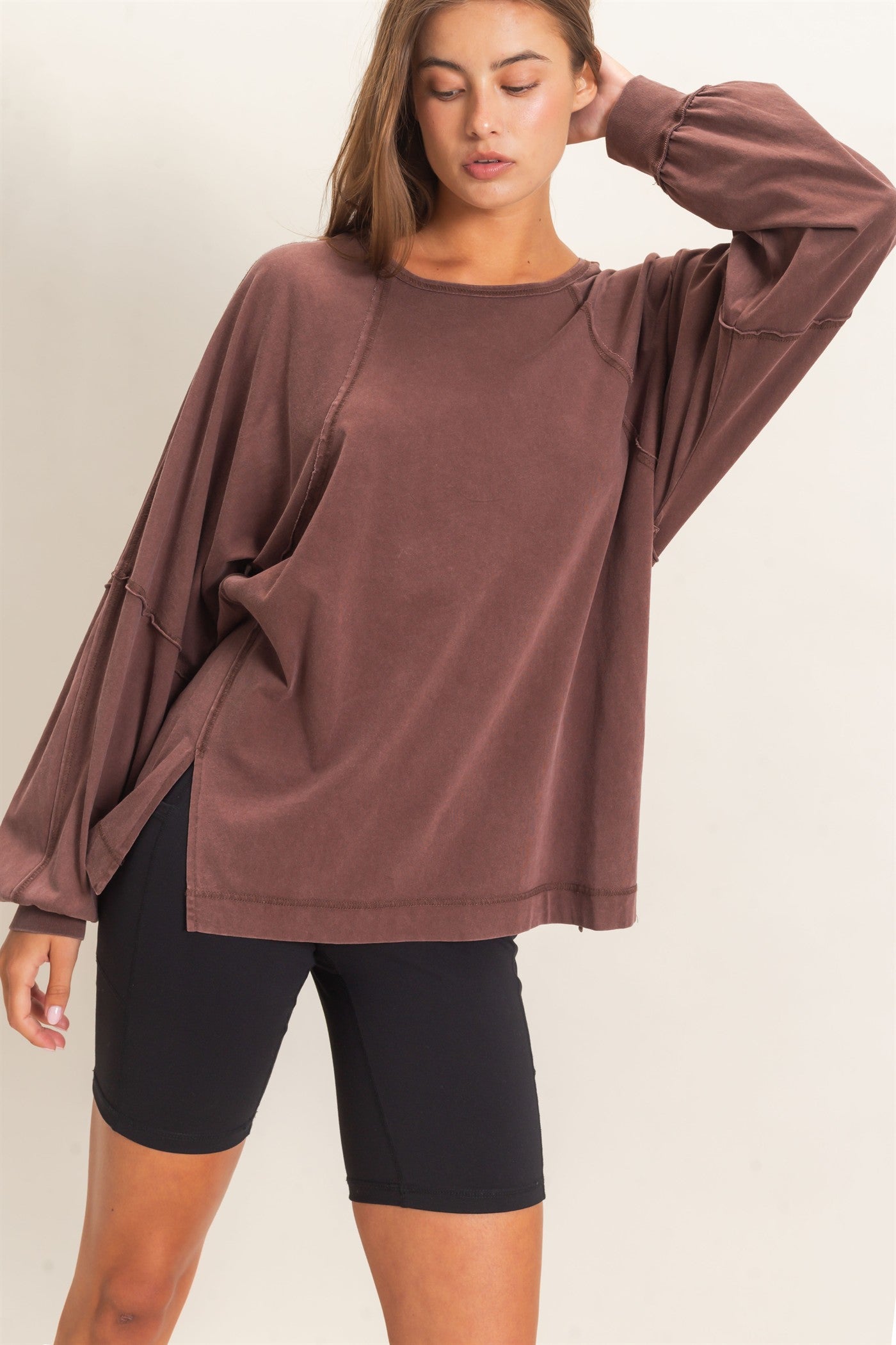 Wholesale Raglan Sleeve Snow Wash Top Shirts DZ26E945 DARK BROWN DOUBLE ZERO