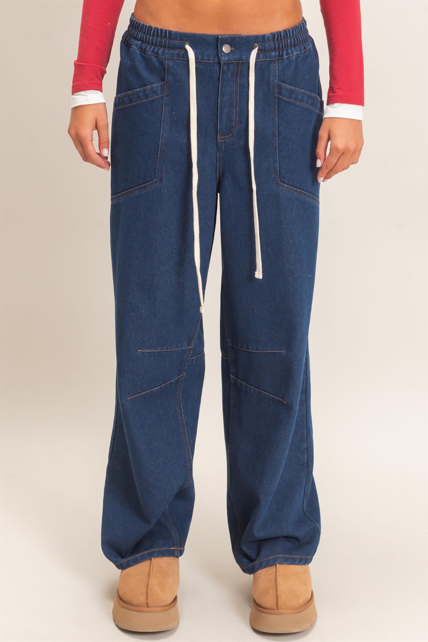 Wholesale Elastic Waist Denim Pants Pants DZ26F306 DARK BLUE DOUBLE ZERO