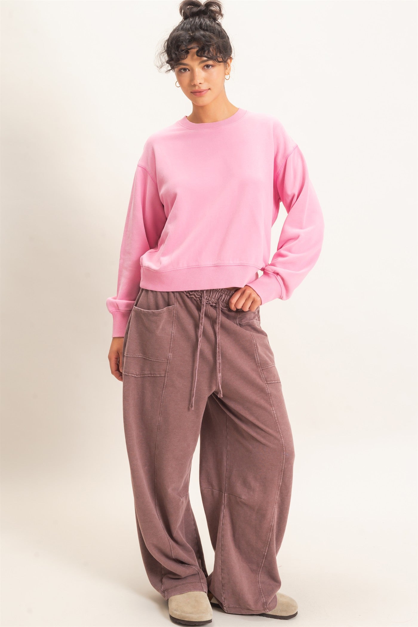 Wholesale Acid Wash Crew Neck Sweatshirt Sweatshirts DZ26E082 PINK DOUBLE ZERO