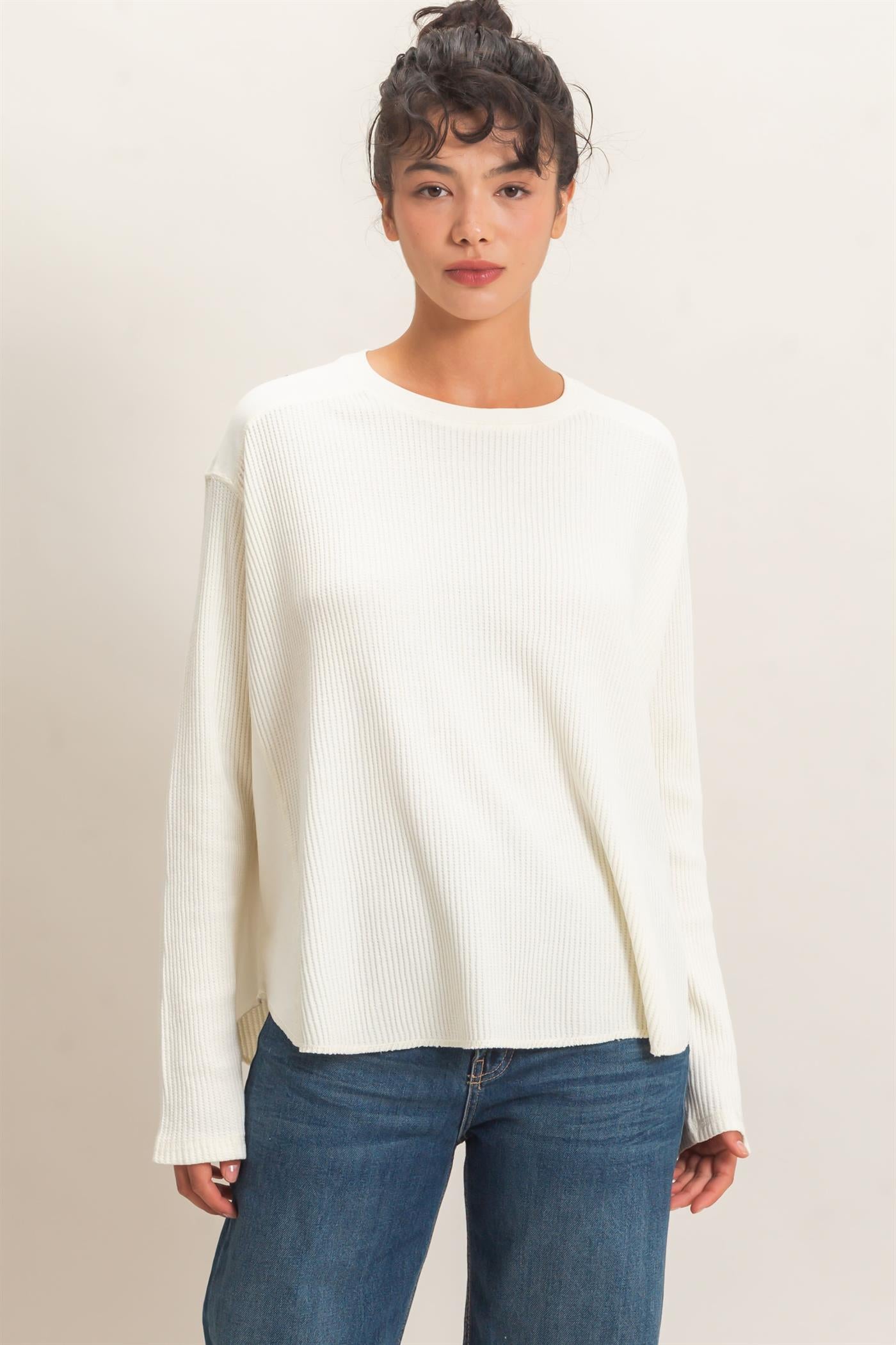 Wholesale Oversized Mineral Washed Waffle Knit Top Clothing Tops DZ26E654 CREAM DOUBLE ZERO