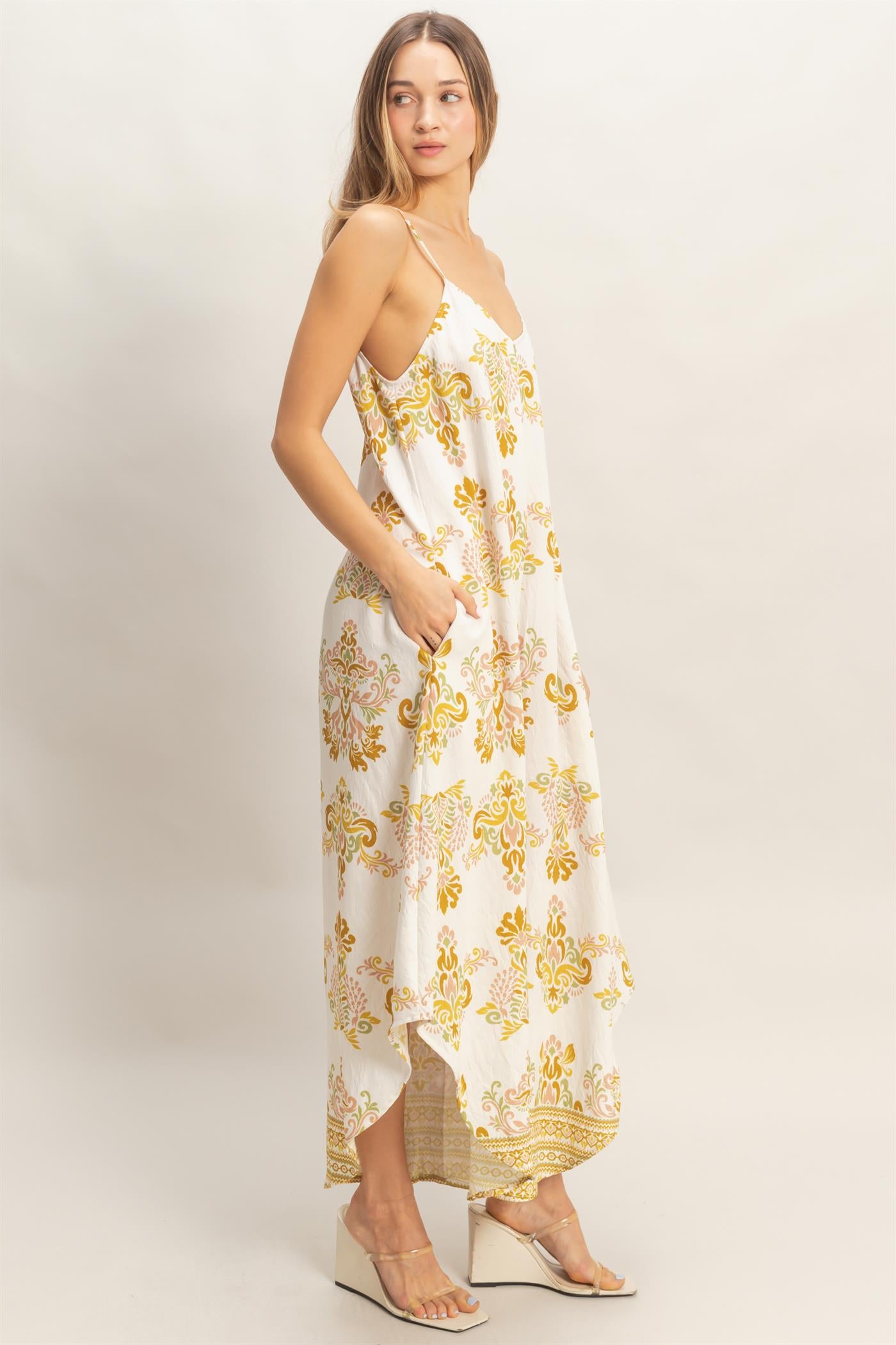 Wholesale Floral Print Spaghetti Jumpsuit Clothing HF26C357-D MUSTARD HYFVE