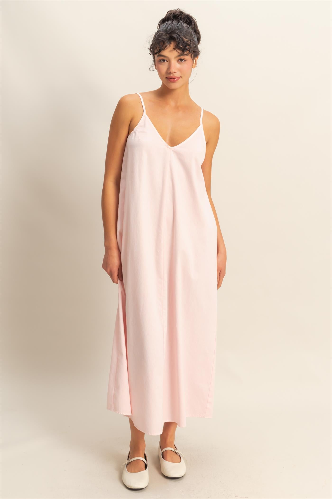 Wholesale Dyed V-Neck Loose Maxi Dress Dresses DZ24C964 SOFT PINK DOUBLE ZERO