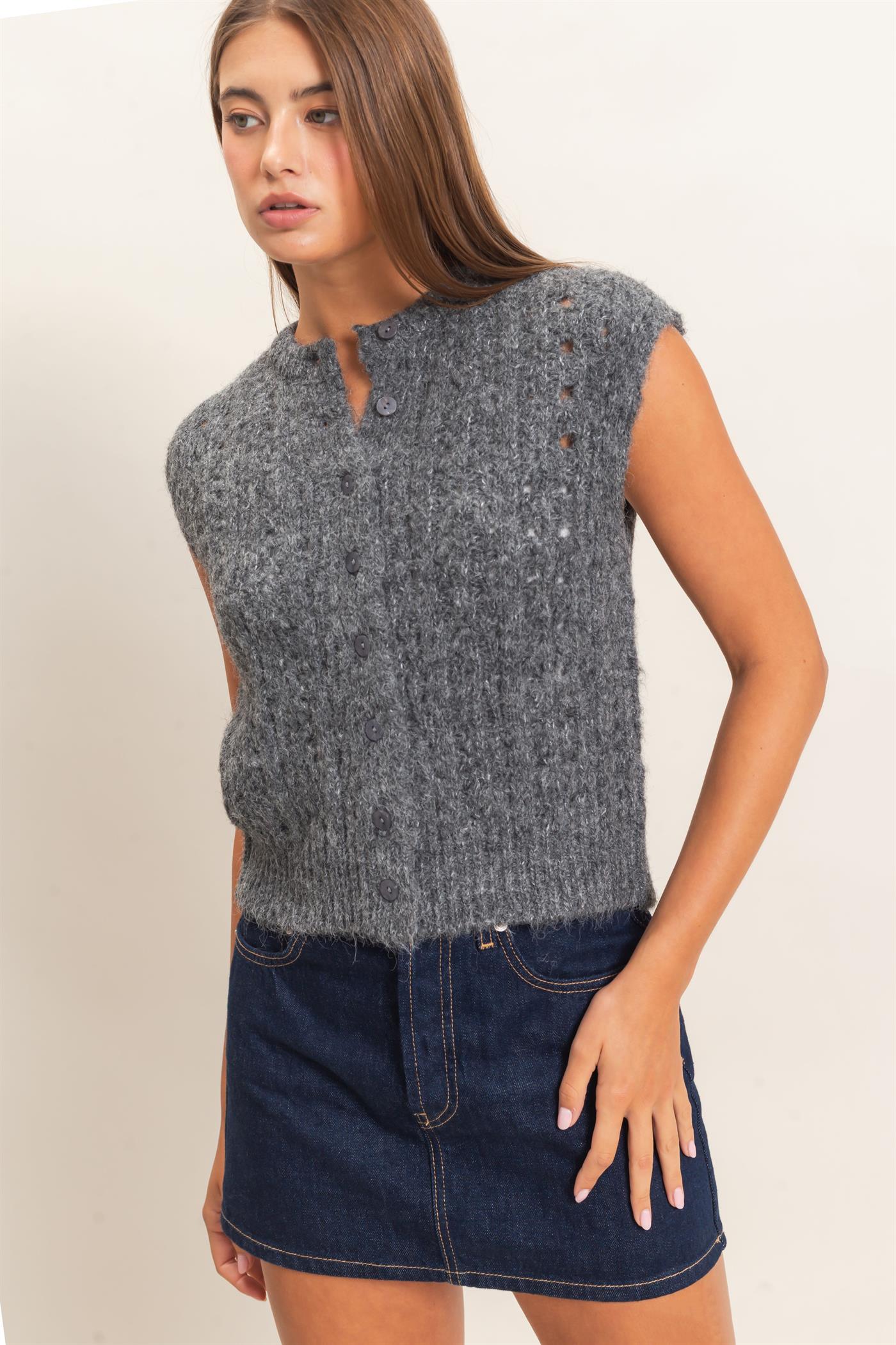 Wholesale Open Knit Sleeveless Button Front Sweater Vest Sweaters DZ26A829 CHARCOAL DOUBLE ZERO